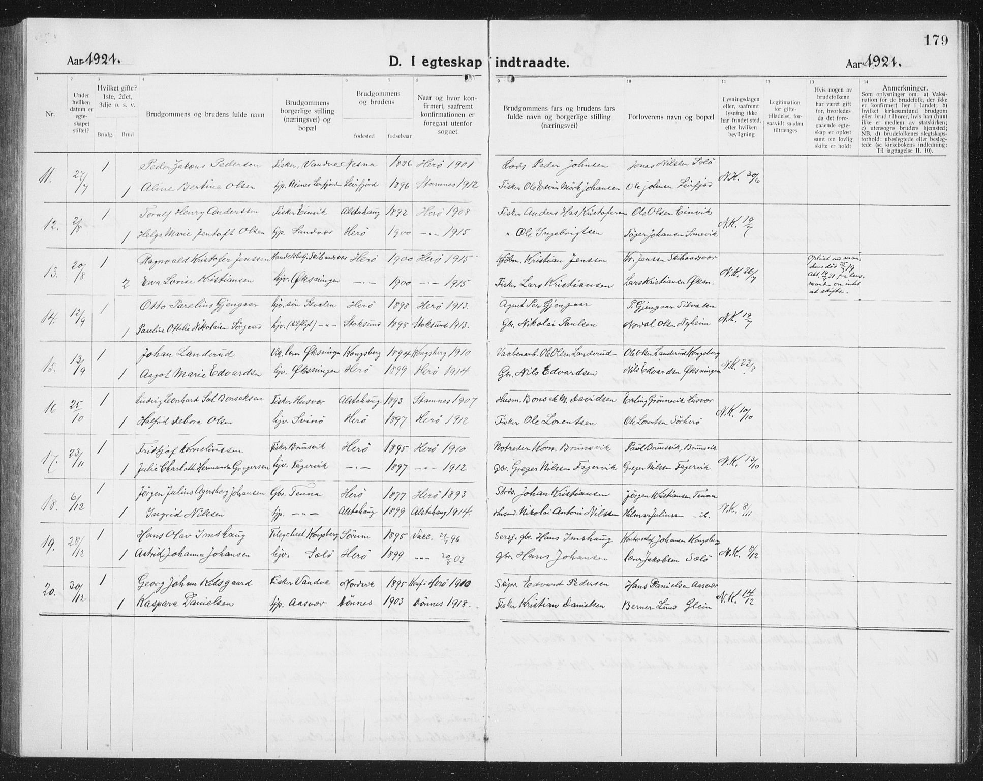 Ministerialprotokoller, klokkerbøker og fødselsregistre - Nordland, AV/SAT-A-1459/834/L0517: Parish register (copy) no. 834C07, 1919-1939, p. 179