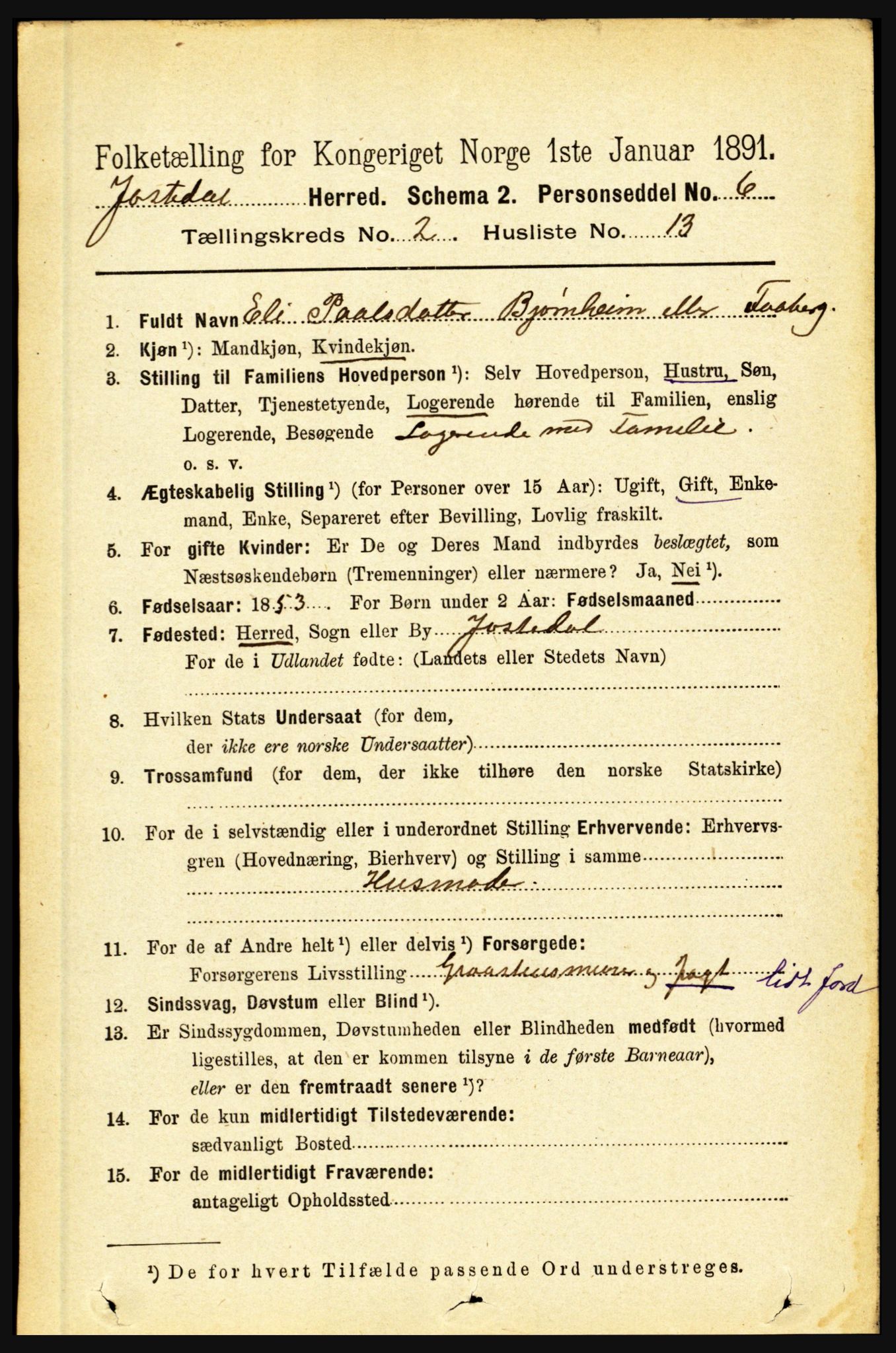 RA, 1891 census for 1427 Jostedal, 1891, p. 596