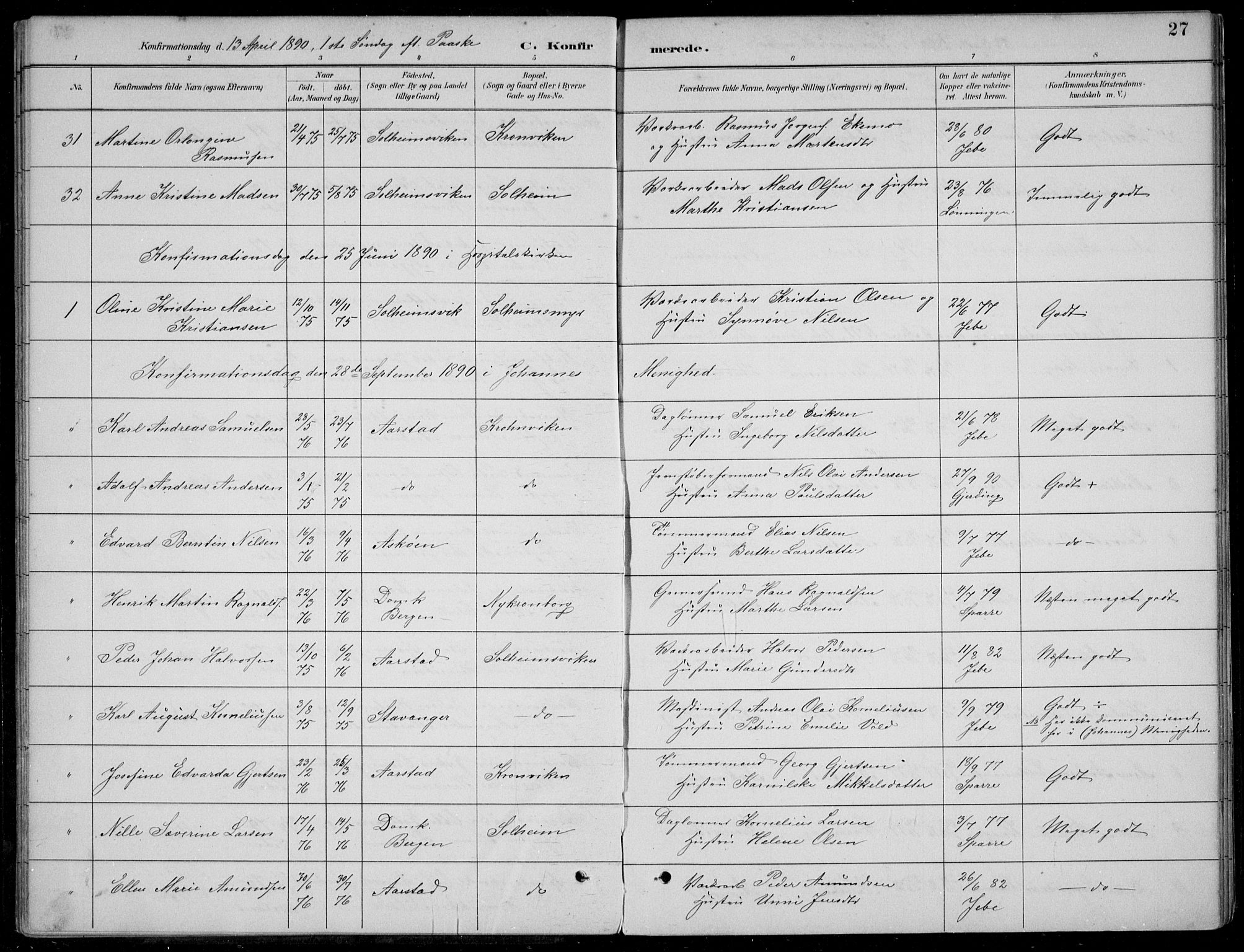 Årstad Sokneprestembete, SAB/A-79301/H/Hab/L0011: Parish register (copy) no. B 1, 1886-1901, p. 27