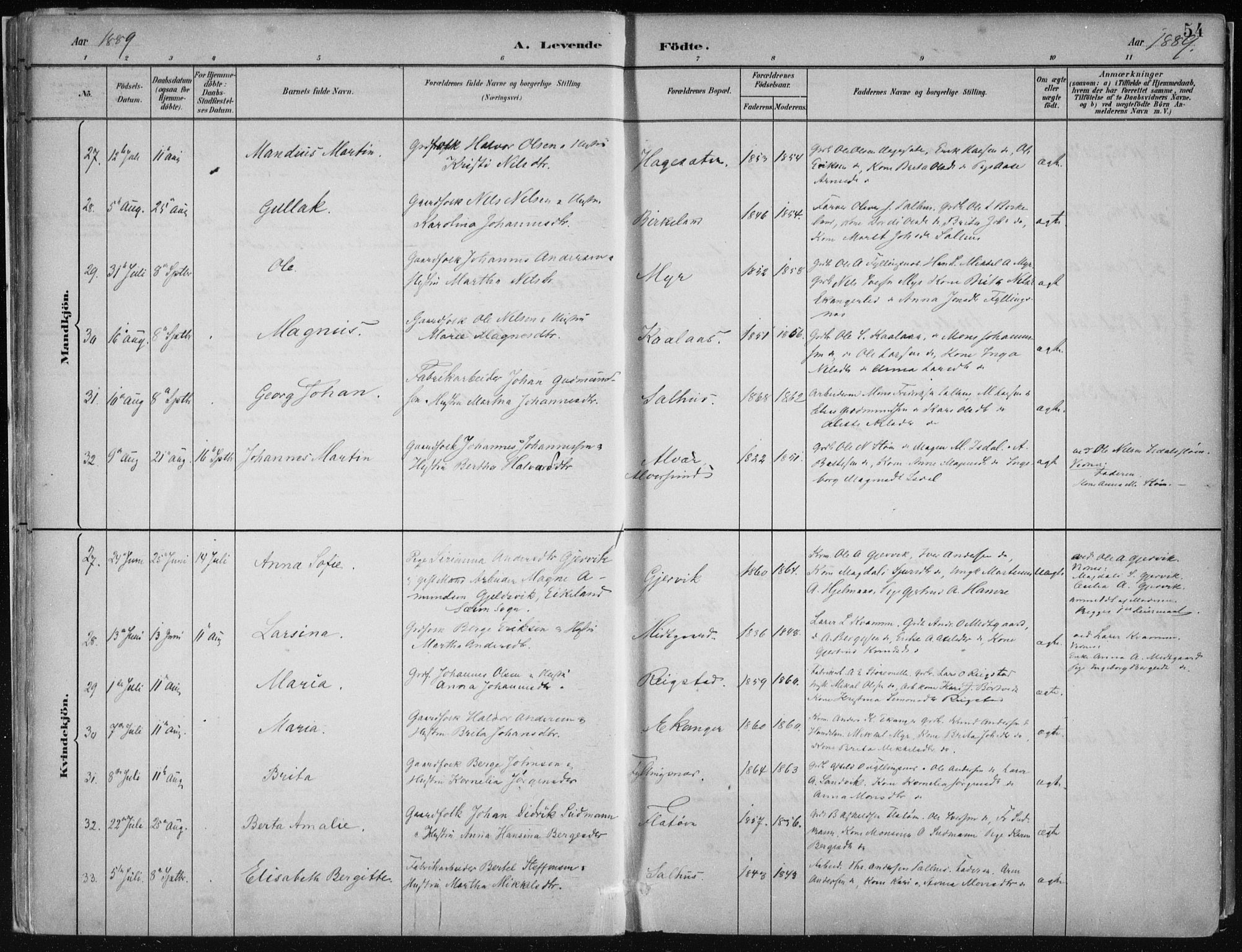 Hamre sokneprestembete, SAB/A-75501/H/Ha/Haa/Haab/L0001: Parish register (official) no. B  1, 1882-1905, p. 54