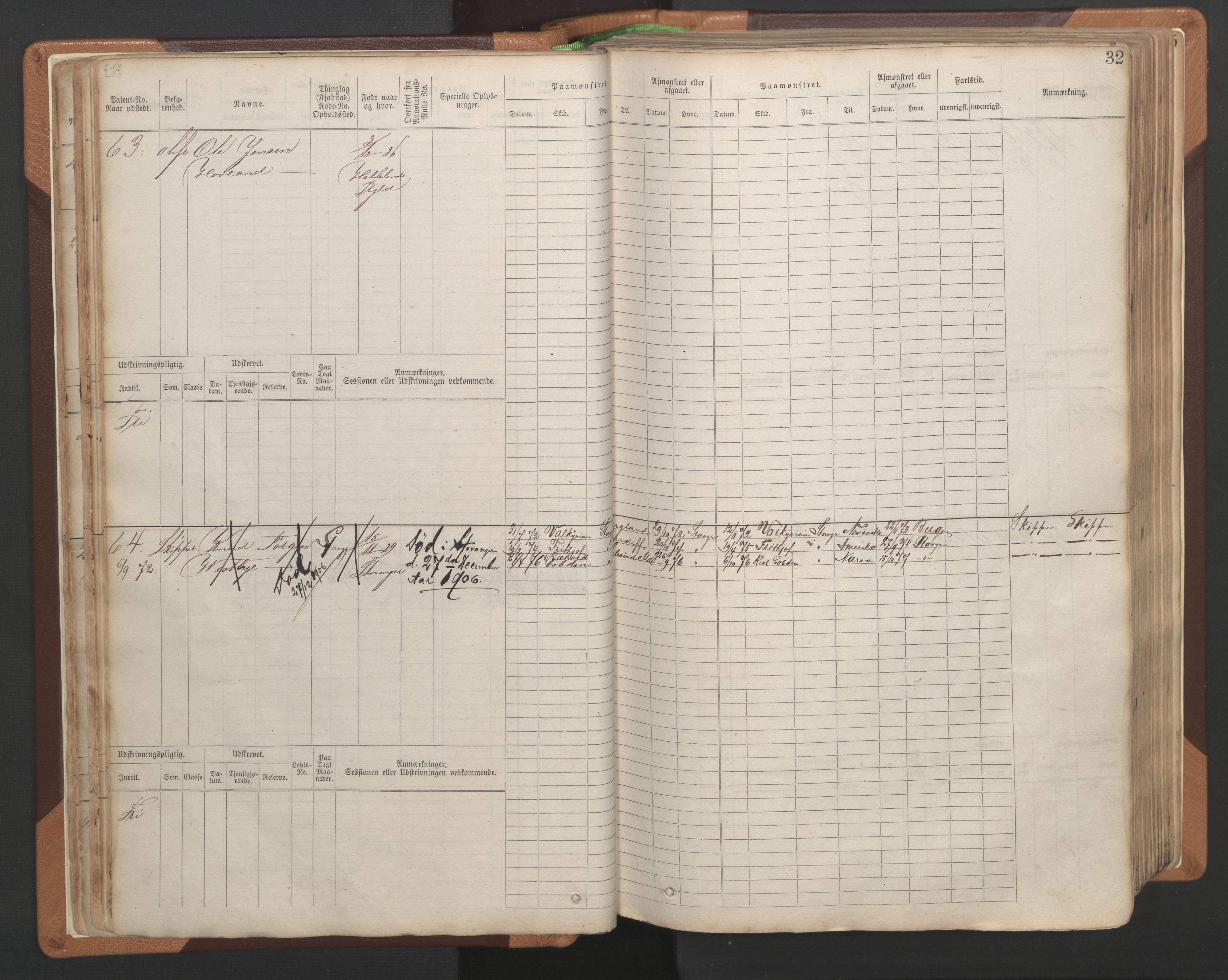 Stavanger sjømannskontor, AV/SAST-A-102006/F/Fb/Fbb/L0004: Sjøfartshovedrulle, patentnr. 1-792 (del 1), 1869-1880, p. 36