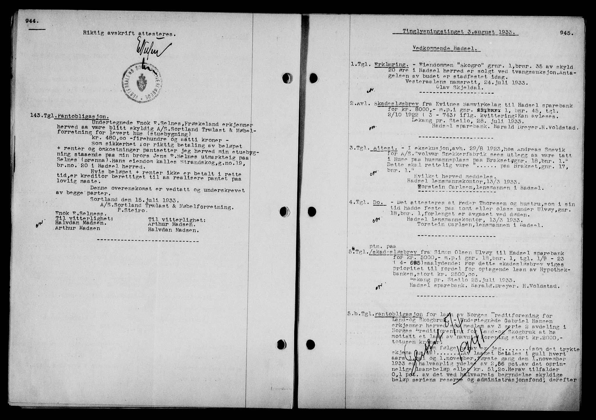 Vesterålen sorenskriveri, SAT/A-4180/1/2/2Ca/L0057: Mortgage book no. 50, 1933-1933, Deed date: 03.08.1933