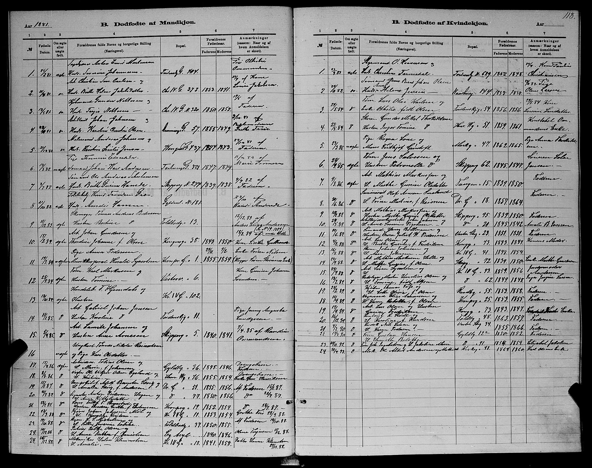 Kristiansand domprosti, SAK/1112-0006/F/Fb/L0016: Parish register (copy) no. B 16, 1881-1893, p. 118