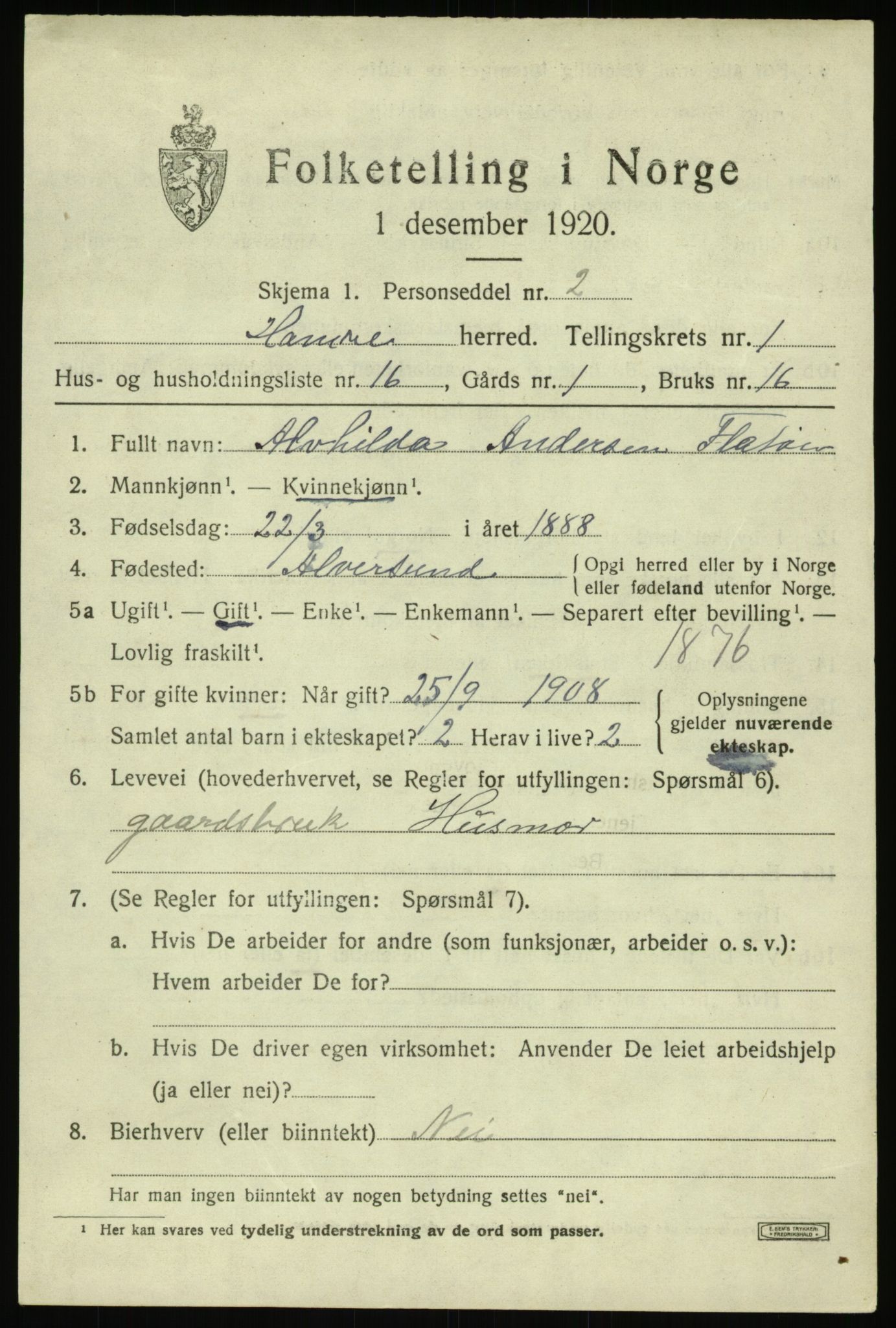 SAB, 1920 census for Hamre, 1920, p. 1181