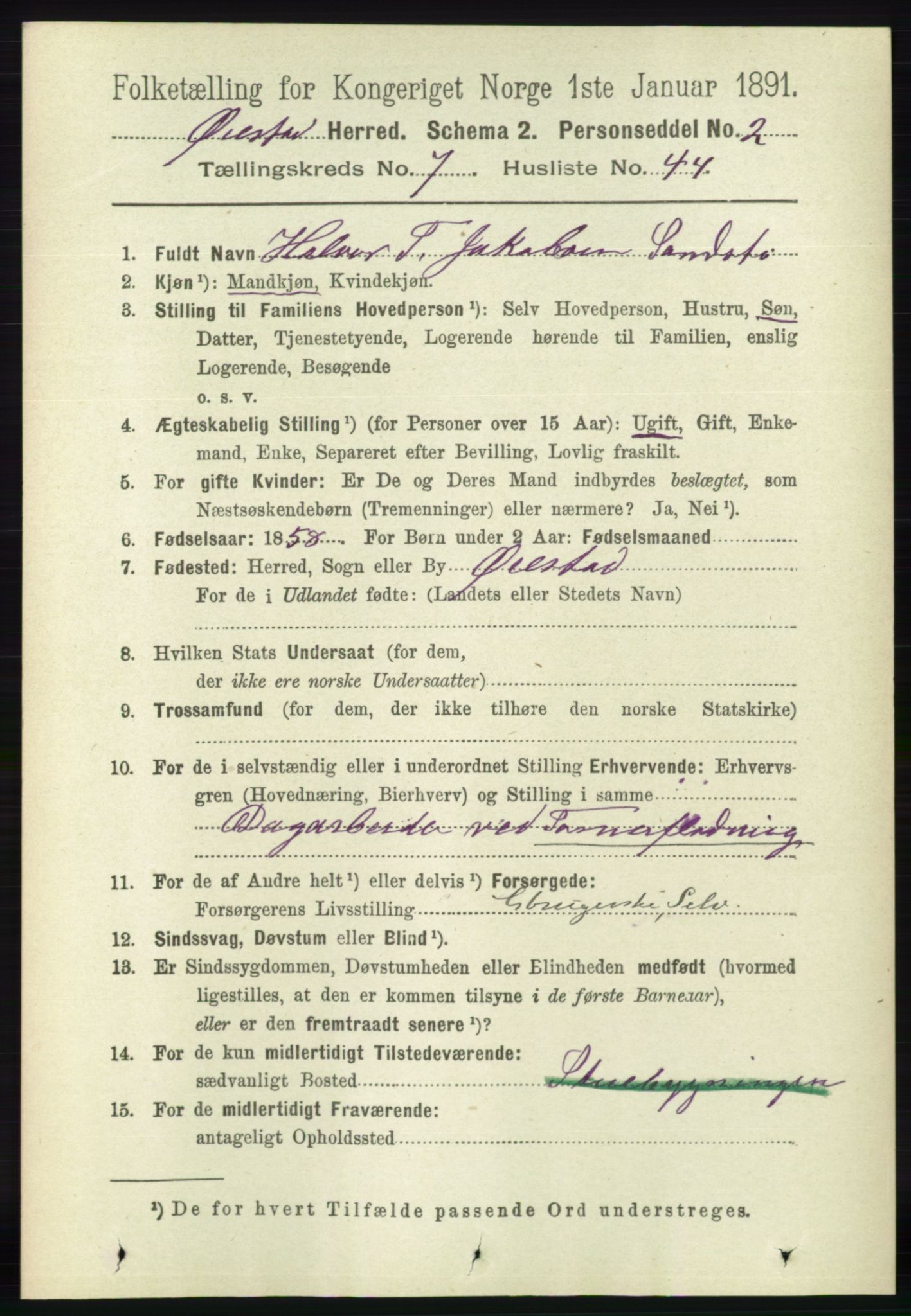 RA, 1891 census for 0920 Øyestad, 1891, p. 2906