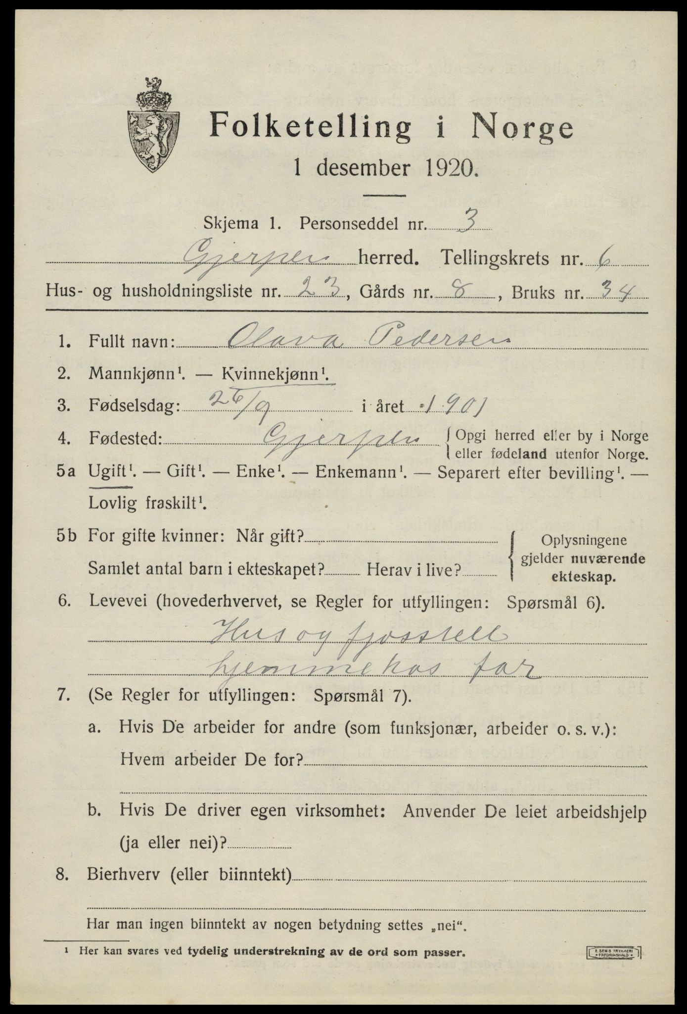 SAKO, 1920 census for Gjerpen, 1920, p. 7180