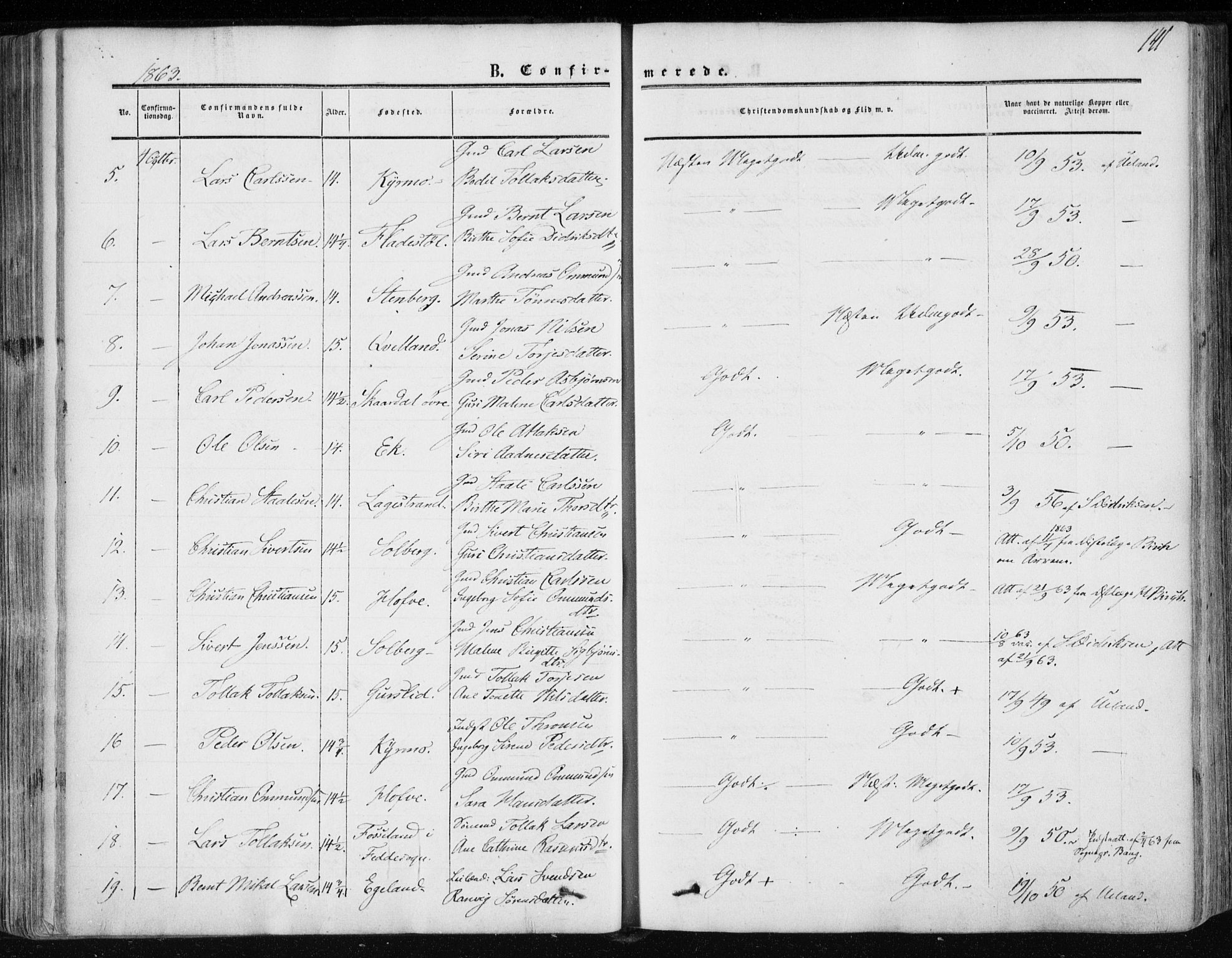 Lund sokneprestkontor, AV/SAST-A-101809/S06/L0009: Parish register (official) no. A 8, 1853-1877, p. 141