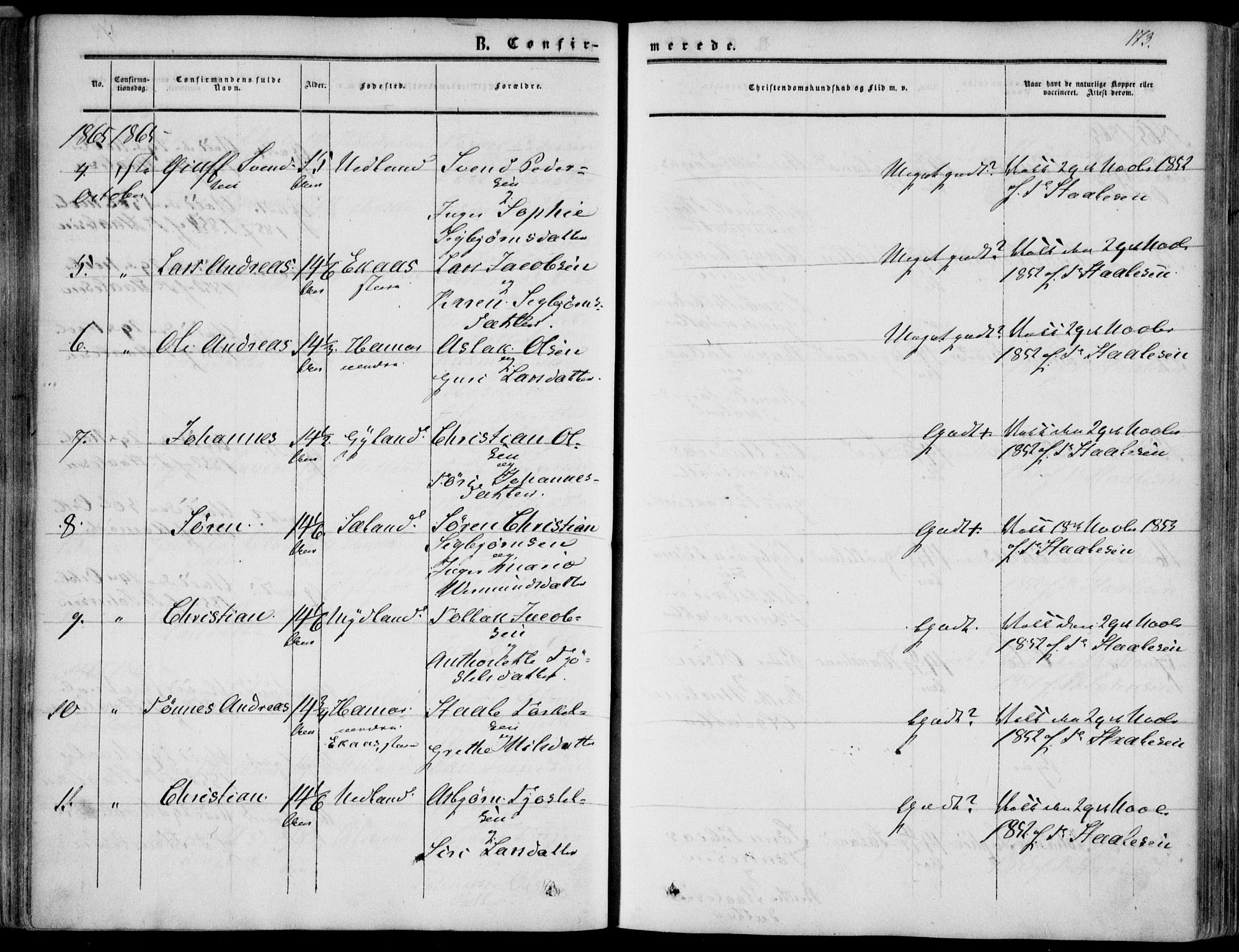 Bakke sokneprestkontor, SAK/1111-0002/F/Fa/Fab/L0002: Parish register (official) no. A 2, 1855-1884, p. 173