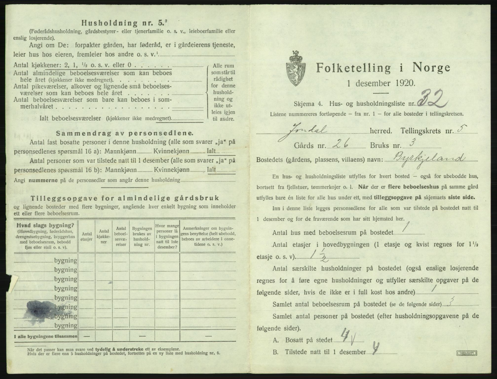 SAB, 1920 census for Jondal, 1920, p. 411