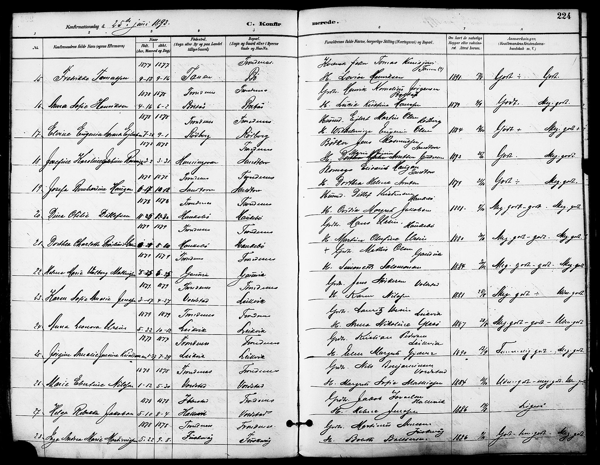 Trondenes sokneprestkontor, SATØ/S-1319/H/Ha/L0016kirke: Parish register (official) no. 16, 1890-1898, p. 224