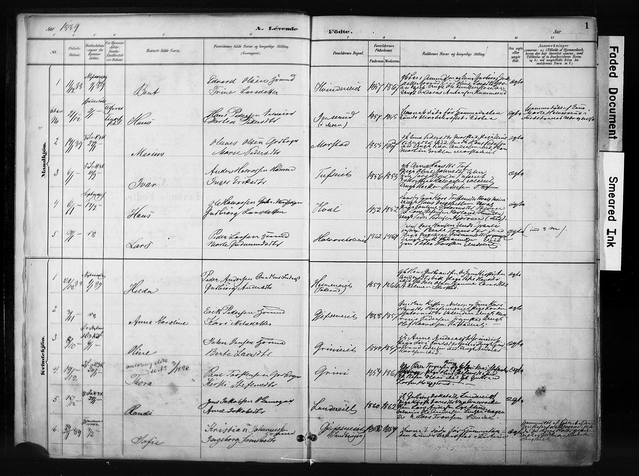 Gran prestekontor, SAH/PREST-112/H/Ha/Haa/L0017: Parish register (official) no. 17, 1889-1897, p. 1