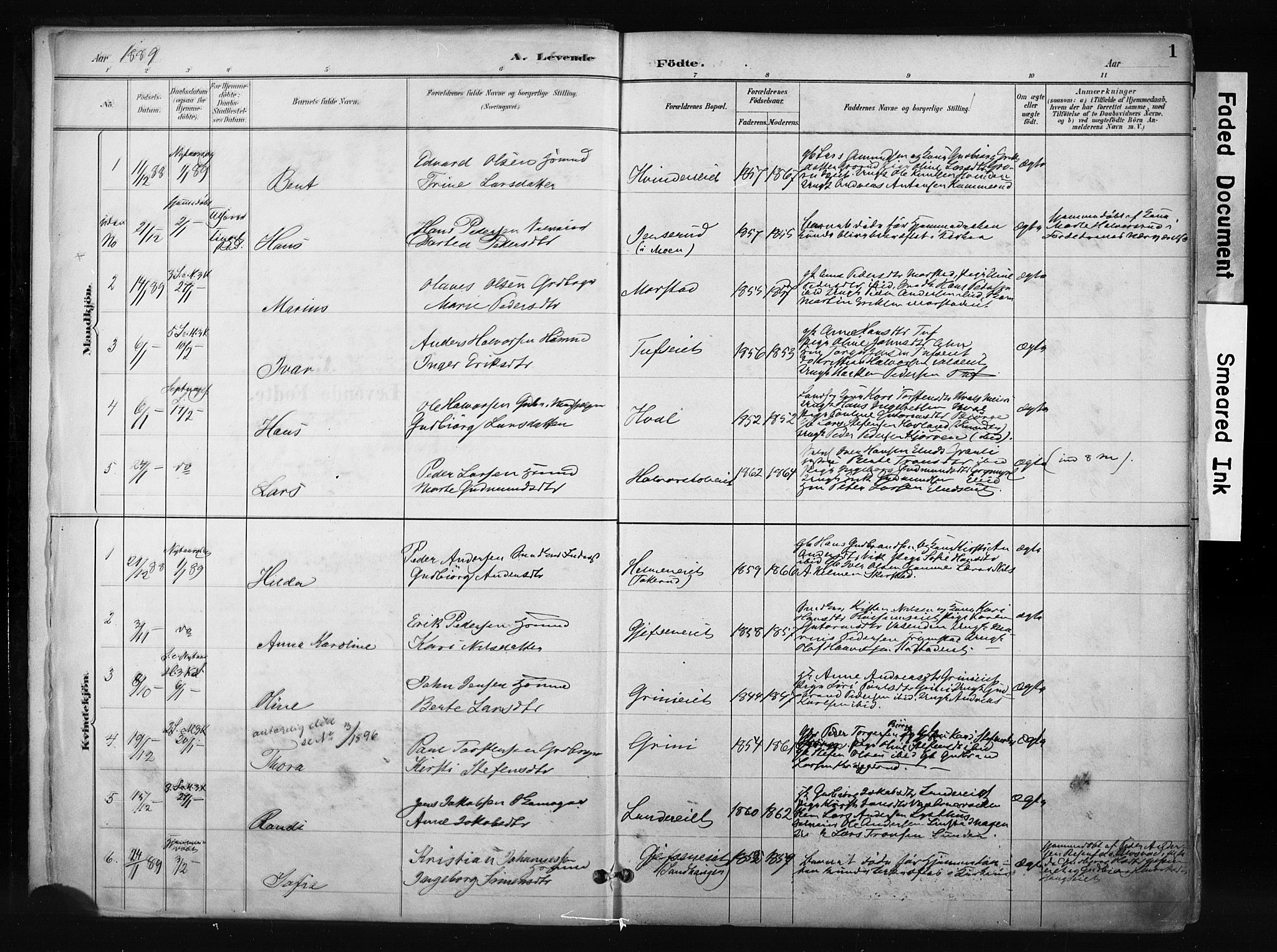 Gran prestekontor, AV/SAH-PREST-112/H/Ha/Haa/L0017: Parish register (official) no. 17, 1889-1897, p. 1