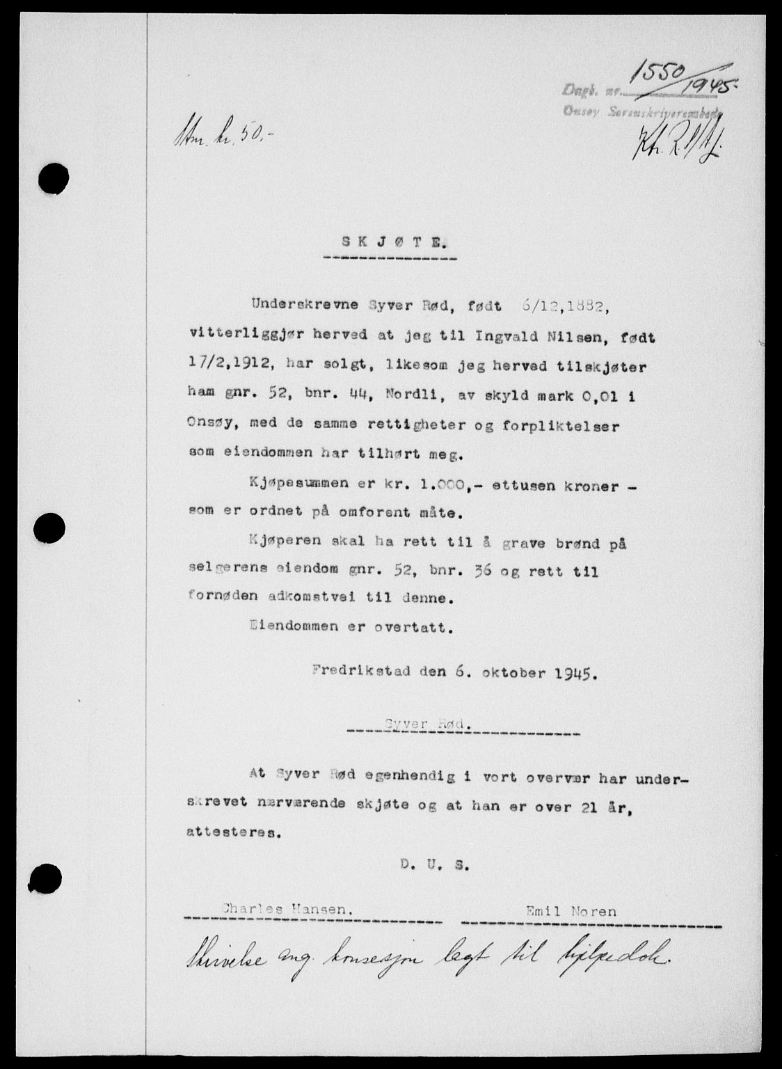 Onsøy sorenskriveri, SAO/A-10474/G/Ga/Gab/L0015: Mortgage book no. II A-15, 1945-1946, Diary no: : 1550/1945