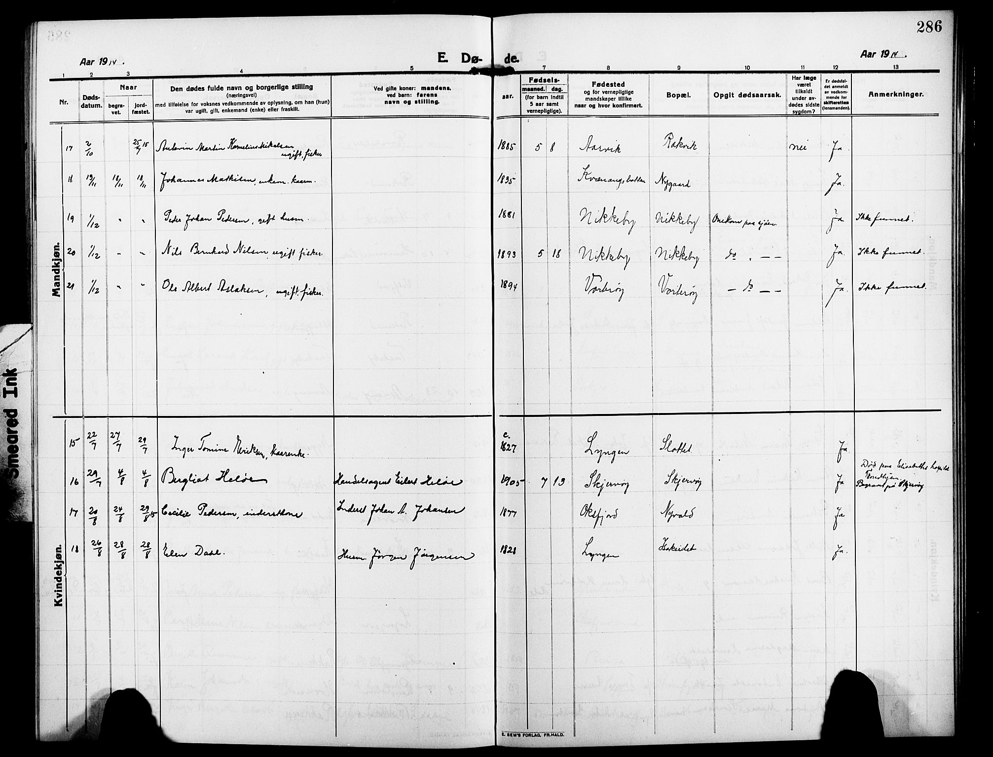 Skjervøy sokneprestkontor, AV/SATØ-S-1300/H/Ha/Hab/L0009klokker: Parish register (copy) no. 9, 1911-1926, p. 286