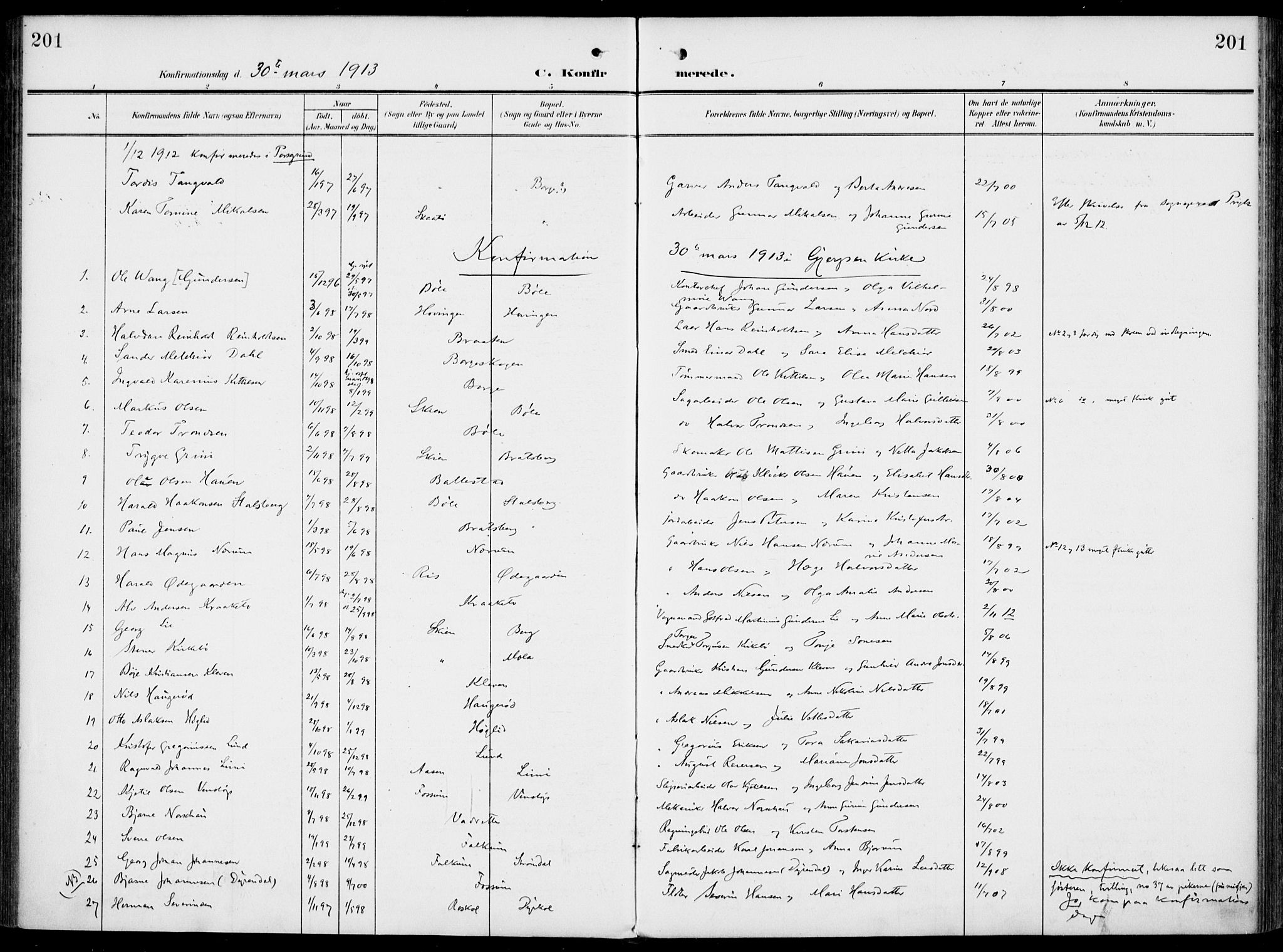 Gjerpen kirkebøker, SAKO/A-265/F/Fa/L0012: Parish register (official) no. I 12, 1905-1913, p. 201