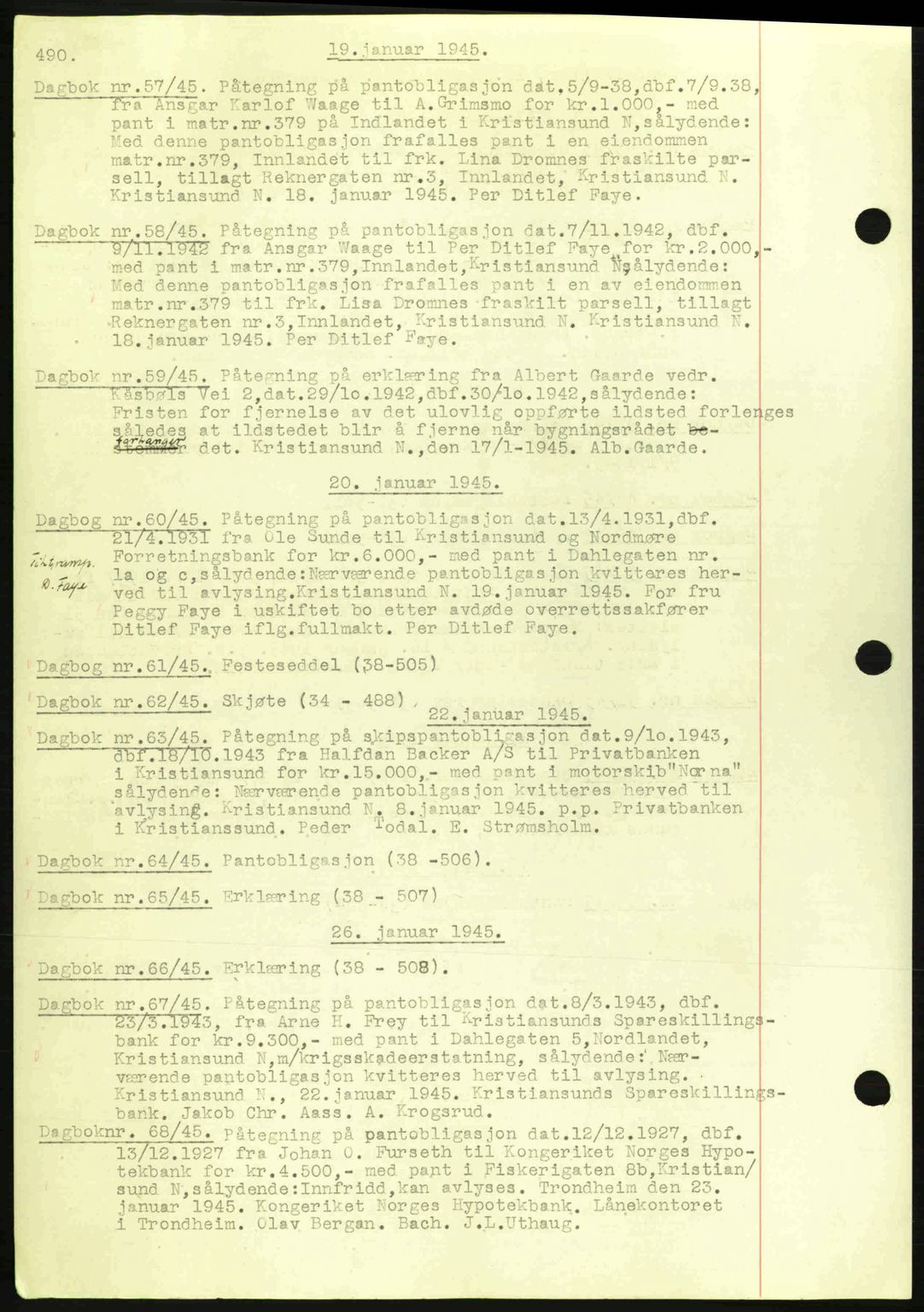 Kristiansund byfogd, AV/SAT-A-4587/A/27: Mortgage book no. 32a, 1938-1946, Diary no: : 57/1945