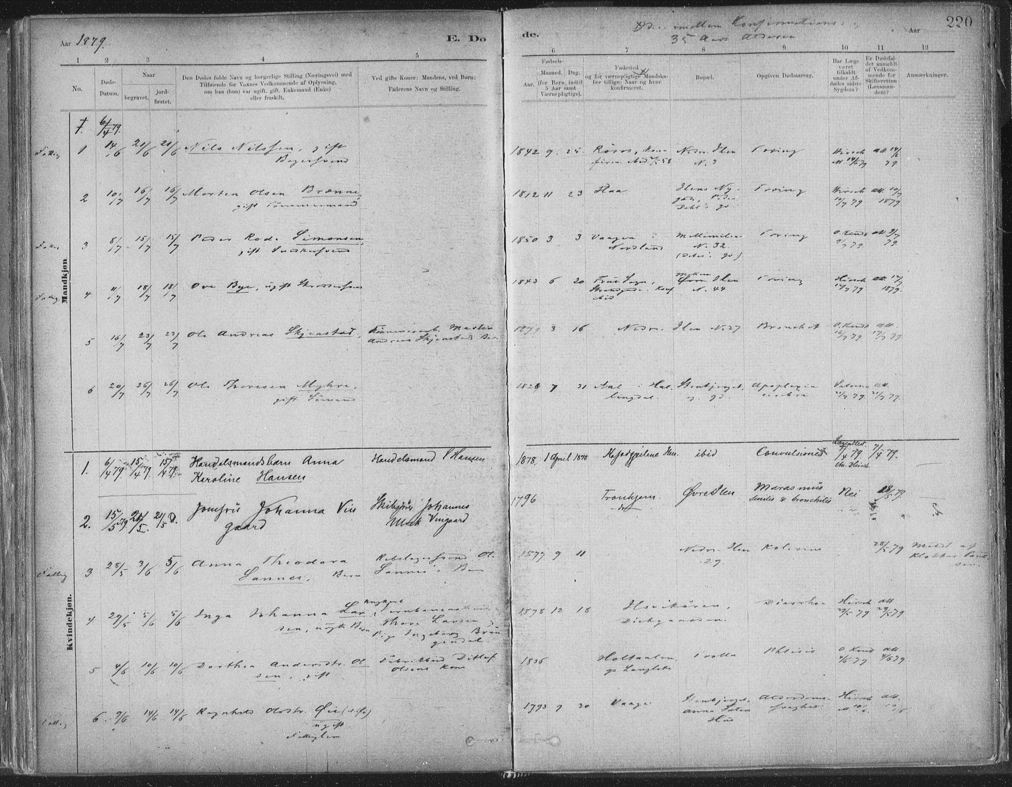 Ministerialprotokoller, klokkerbøker og fødselsregistre - Sør-Trøndelag, SAT/A-1456/603/L0162: Parish register (official) no. 603A01, 1879-1895, p. 220