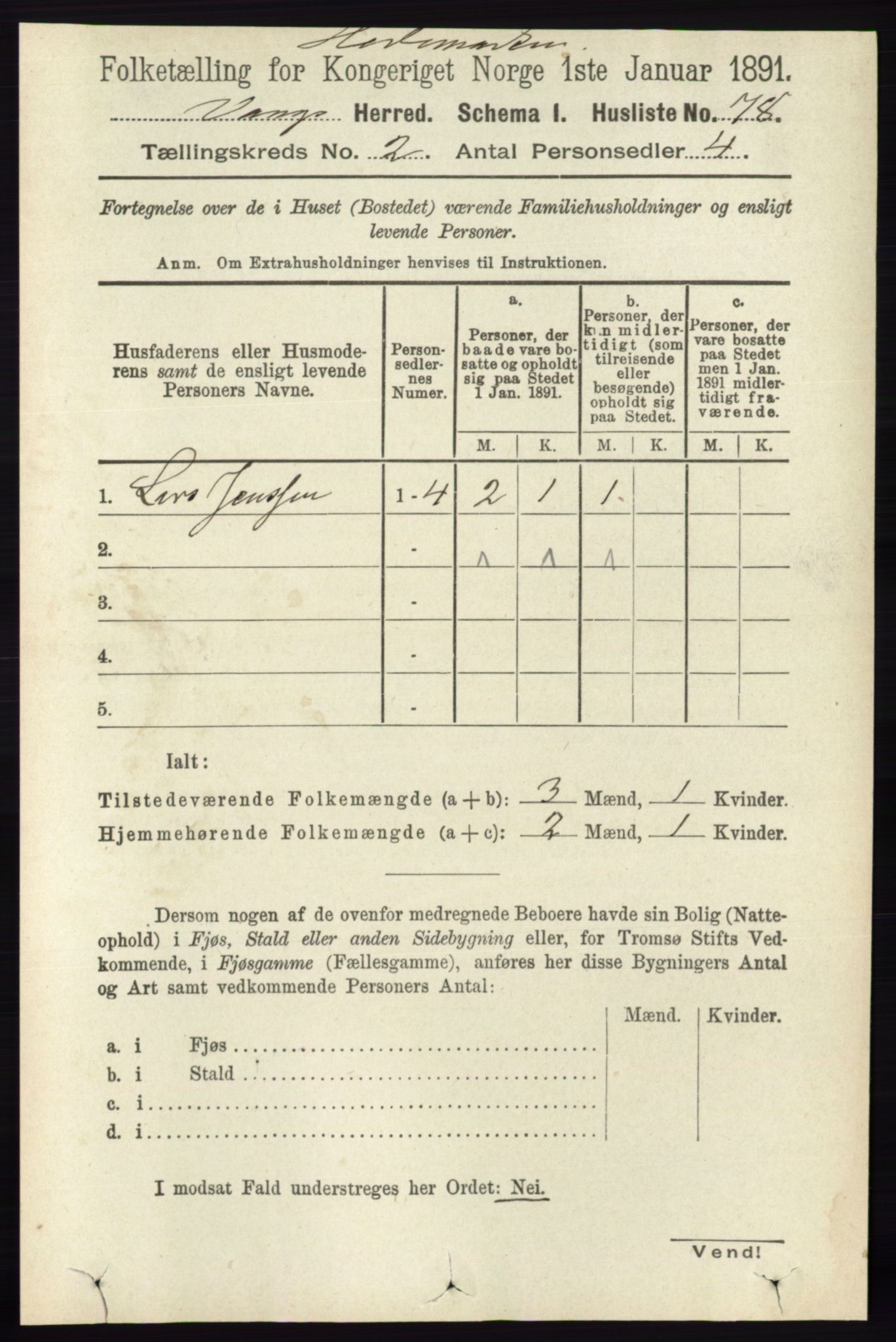 RA, 1891 census for 0414 Vang, 1891, p. 1009