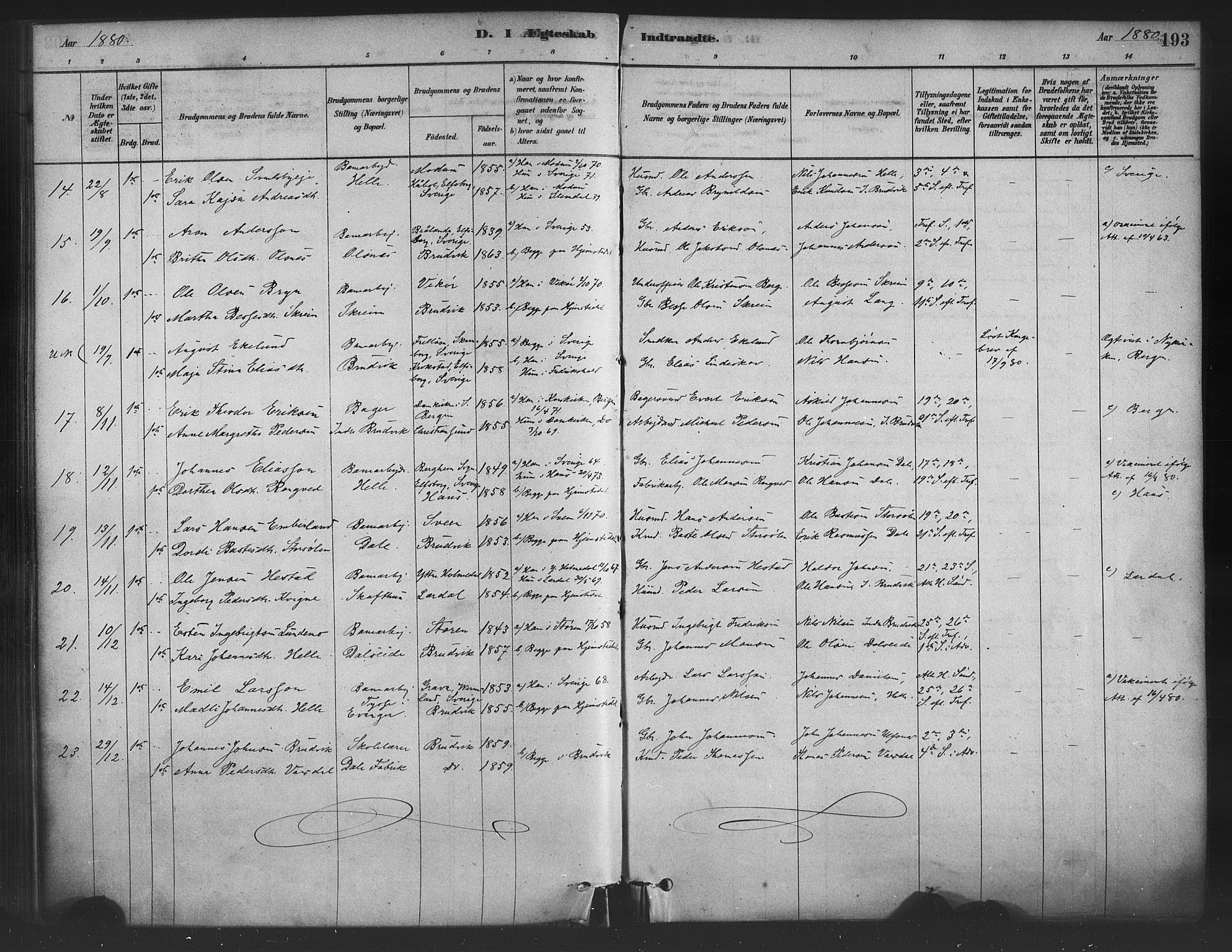 Bruvik Sokneprestembete, SAB/A-74701/H/Haa: Parish register (official) no. B 1, 1878-1904, p. 193
