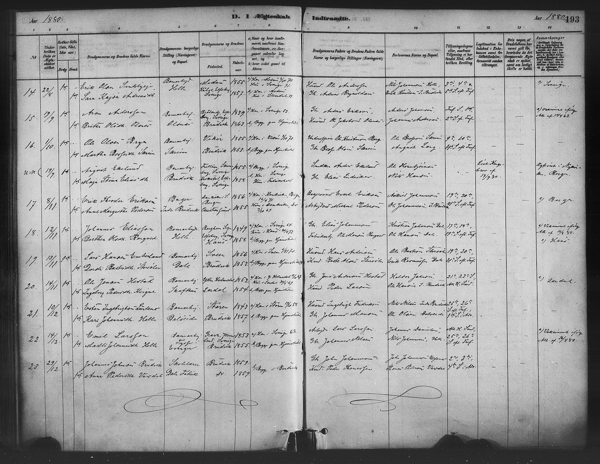 Bruvik Sokneprestembete, AV/SAB-A-74701/H/Haa: Parish register (official) no. B 1, 1878-1904, p. 193