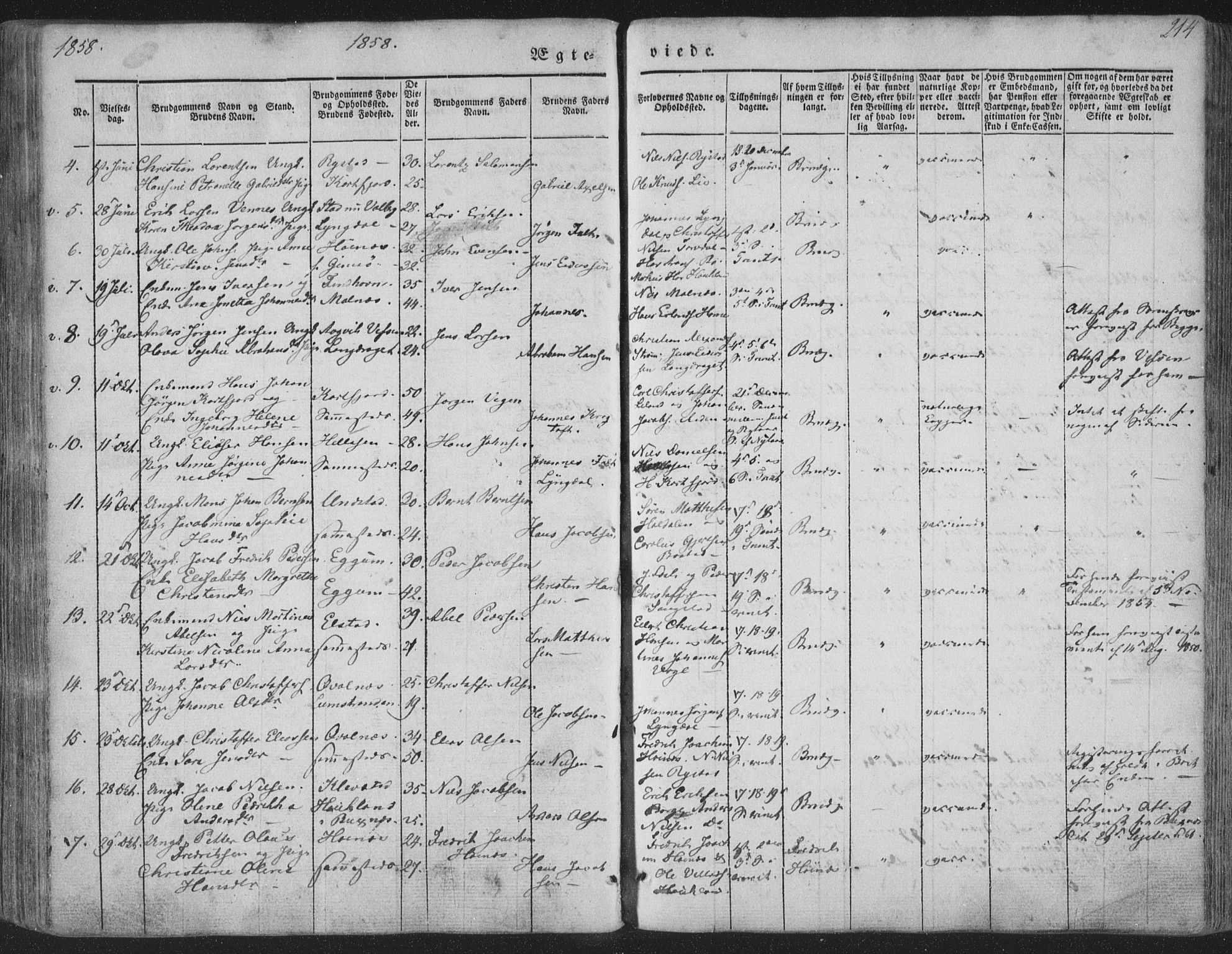 Ministerialprotokoller, klokkerbøker og fødselsregistre - Nordland, AV/SAT-A-1459/880/L1131: Parish register (official) no. 880A05, 1844-1868, p. 214