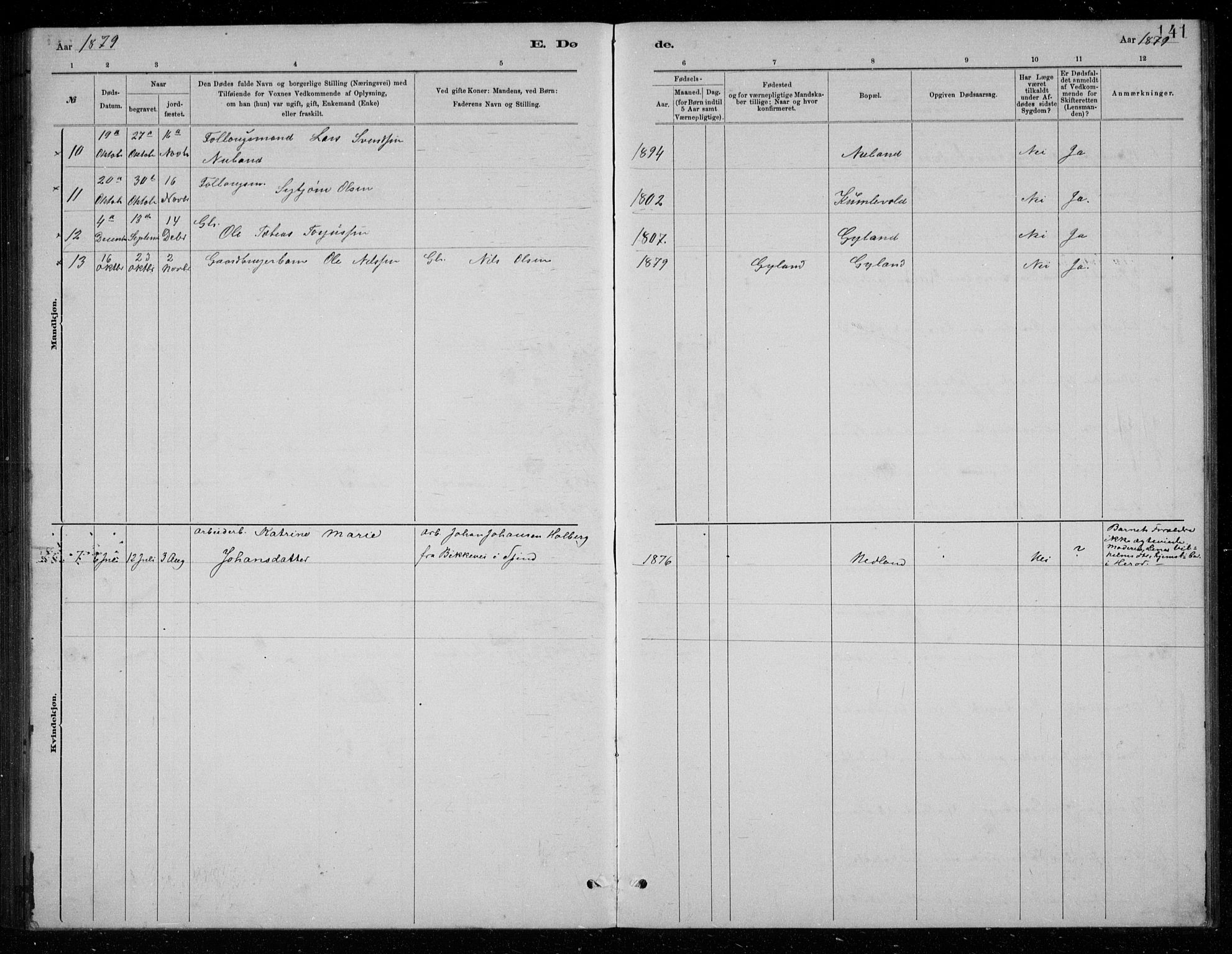 Bakke sokneprestkontor, AV/SAK-1111-0002/F/Fb/Fbb/L0003: Parish register (copy) no. B 3, 1878-1896, p. 141