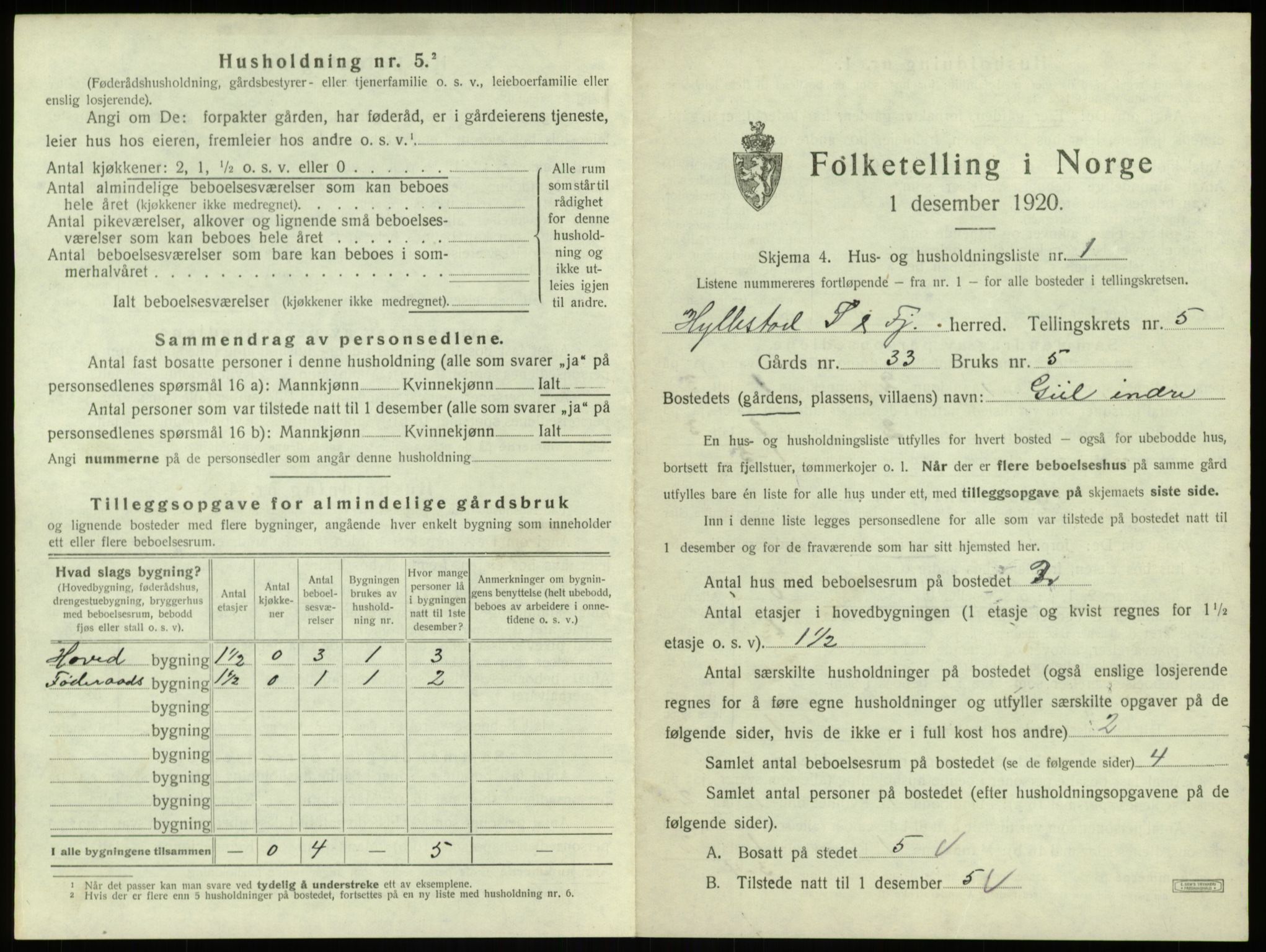 SAB, 1920 census for Hyllestad, 1920, p. 311