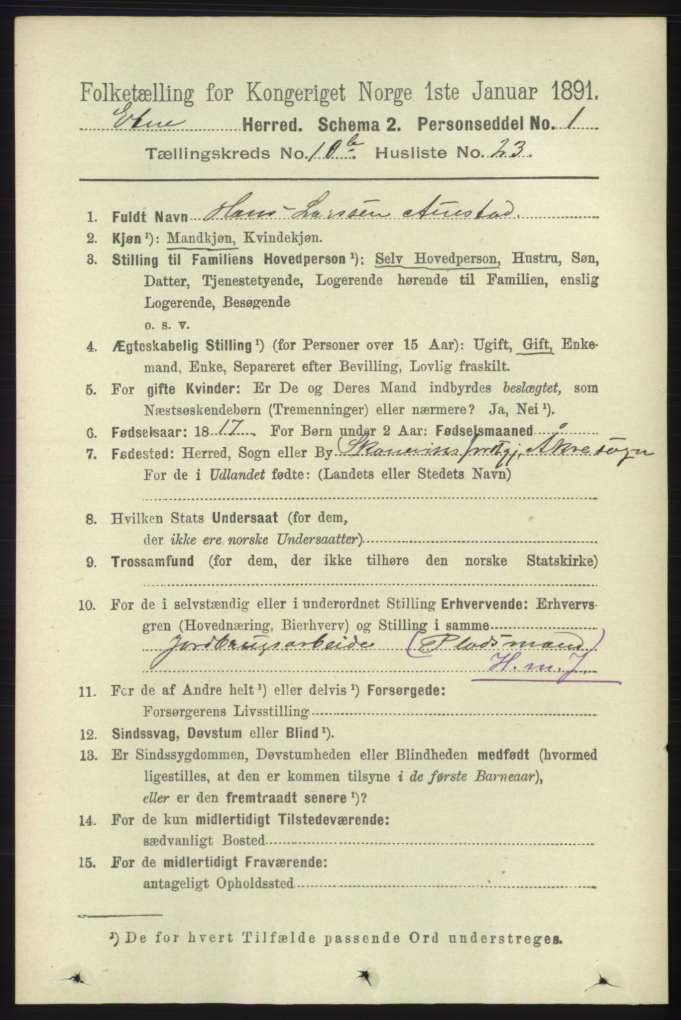 RA, 1891 census for 1211 Etne, 1891, p. 2092
