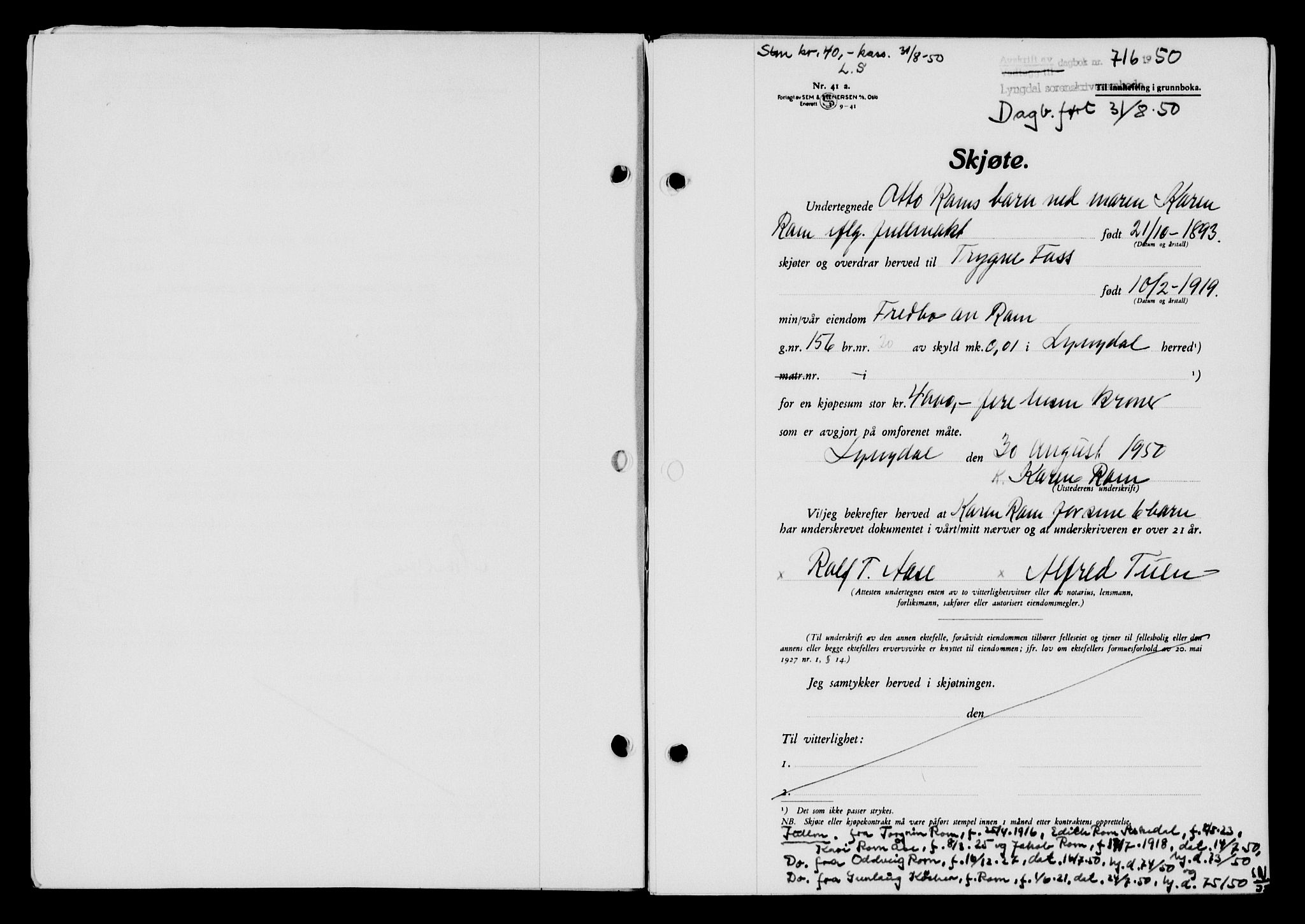 Lyngdal sorenskriveri, AV/SAK-1221-0004/G/Gb/L0665: Mortgage book no. A XI, 1950-1950, Diary no: : 716/1950