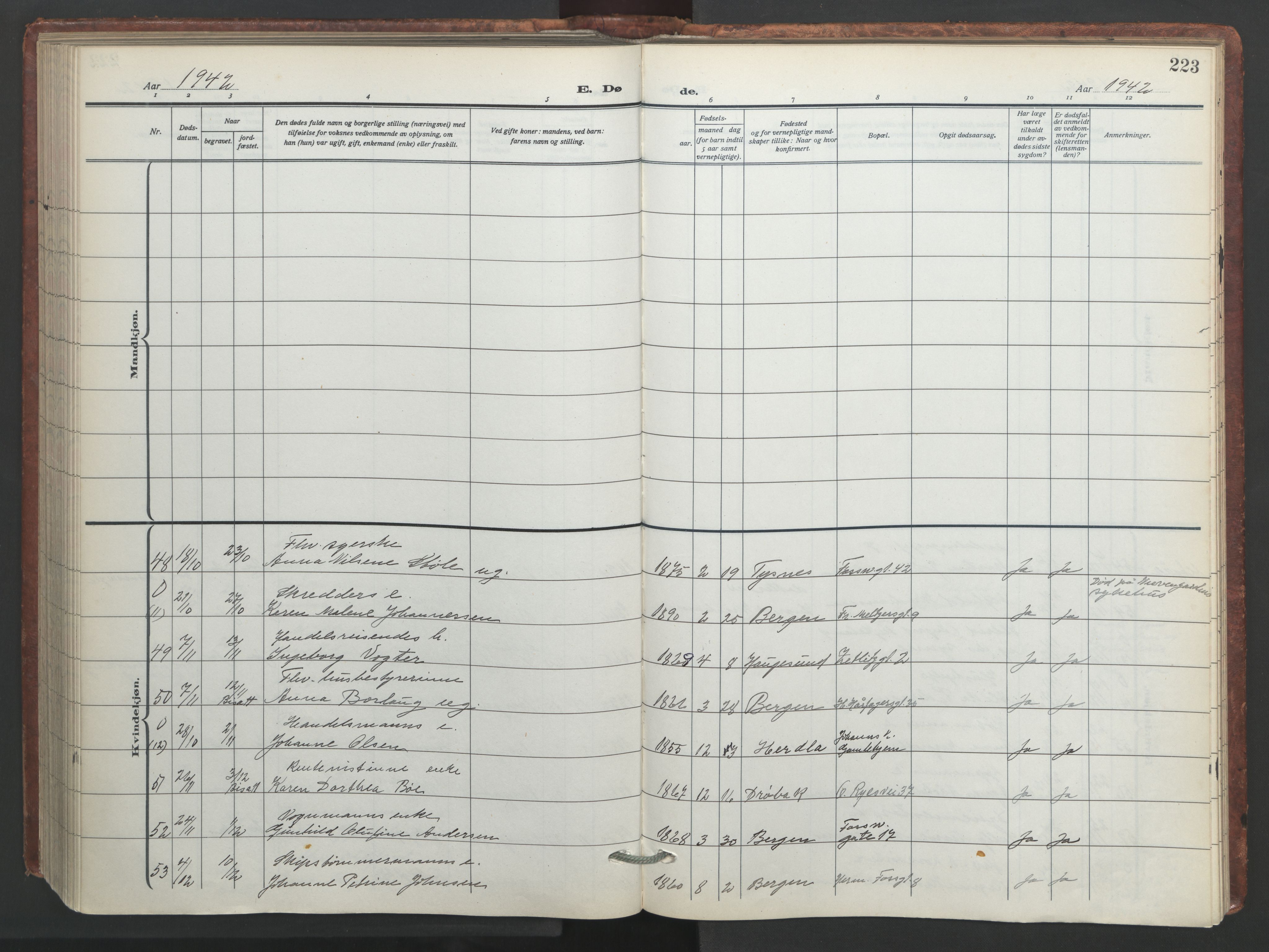 Johanneskirken sokneprestembete, AV/SAB-A-76001/H/Hab: Parish register (copy) no. D 2, 1916-1950, p. 222b-223a