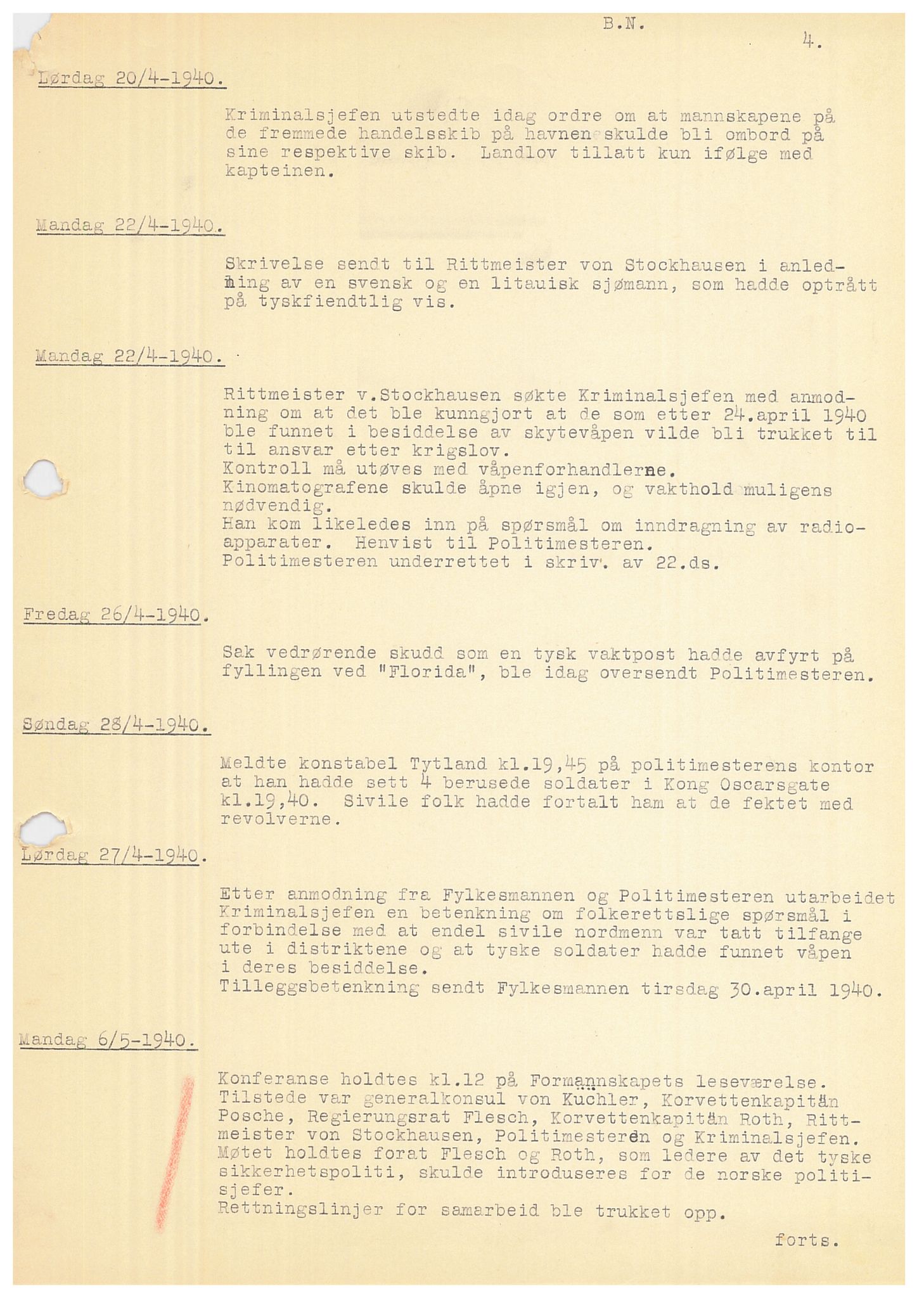 Bergen politikammer / politidistrikt, AV/SAB-A-60401/Y/Ye/L0001: Avskrift av krigsdagbok av Dankert Thuland, 1940-1941, p. 4