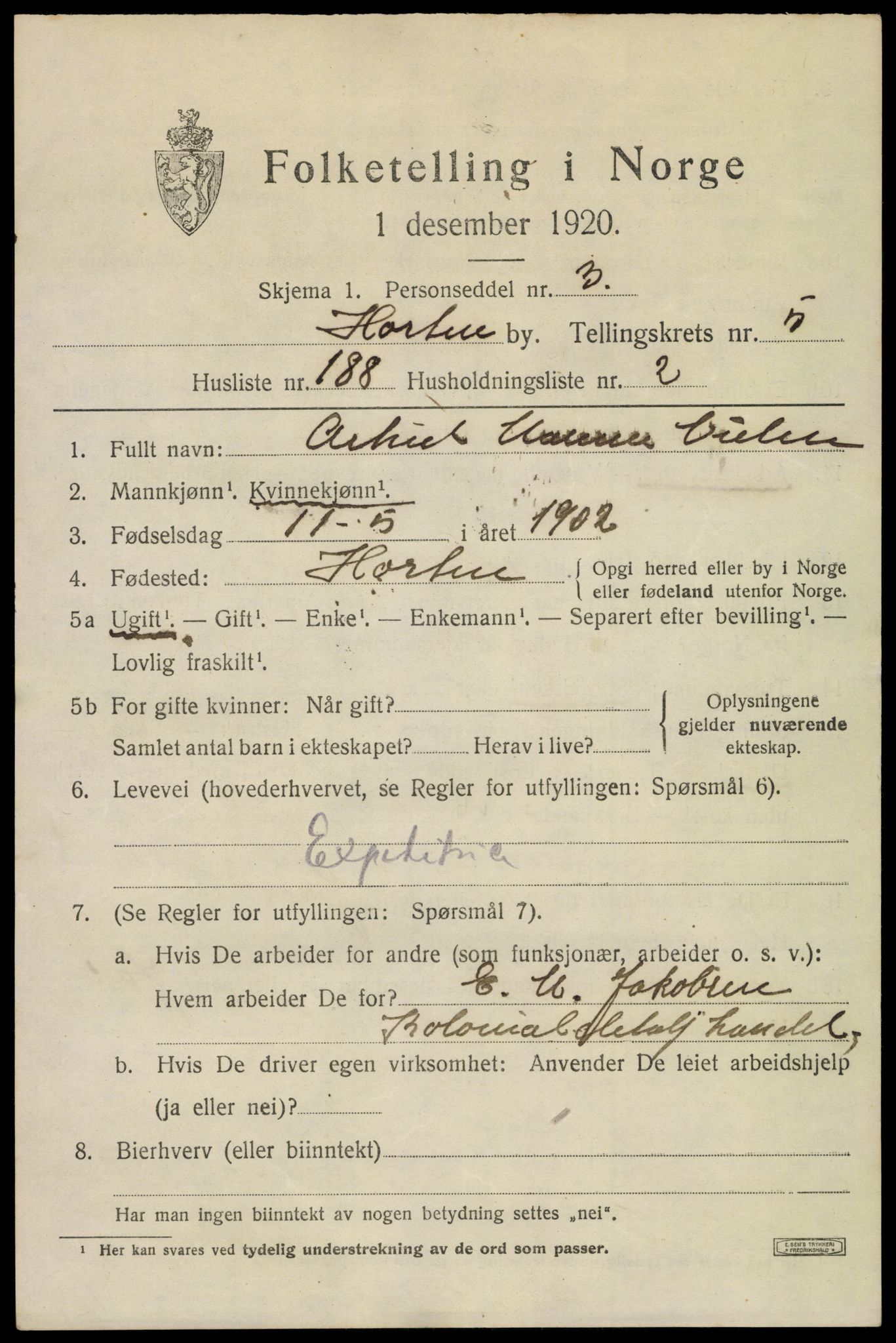 SAKO, 1920 census for Horten, 1920, p. 22257