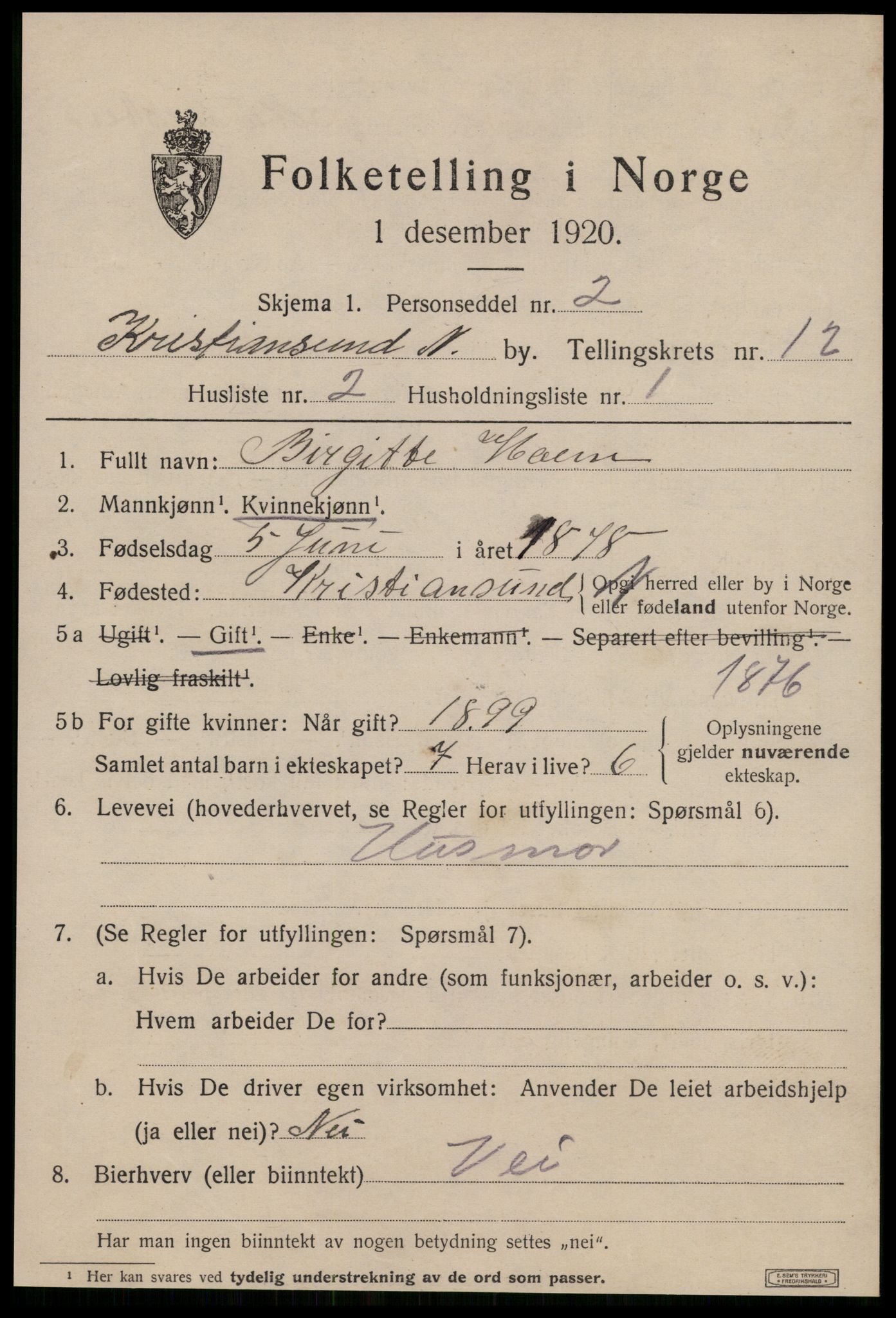 SAT, 1920 census for Kristiansund, 1920, p. 25275