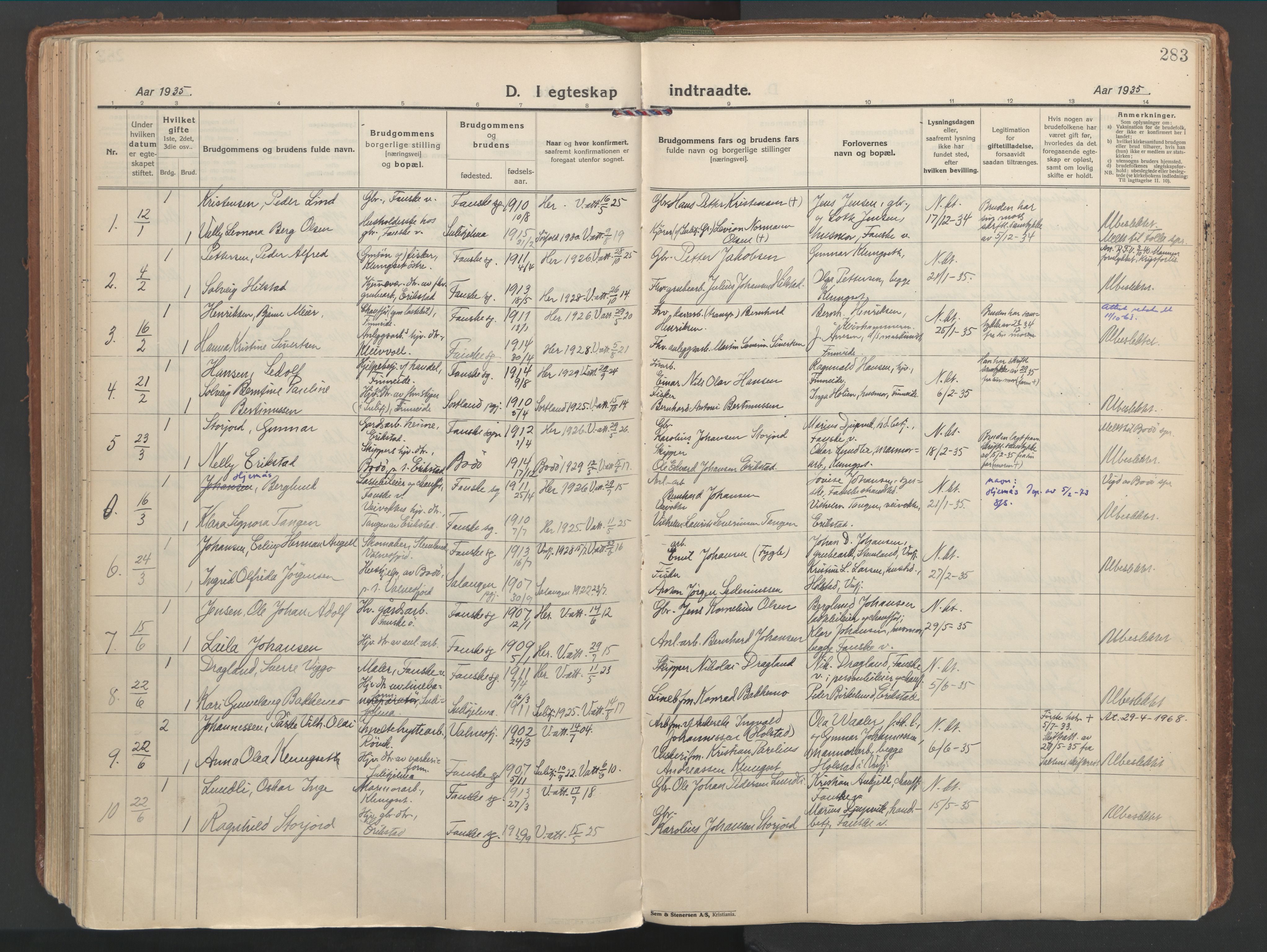 Ministerialprotokoller, klokkerbøker og fødselsregistre - Nordland, AV/SAT-A-1459/849/L0699: Parish register (official) no. 849A10, 1924-1937, p. 283