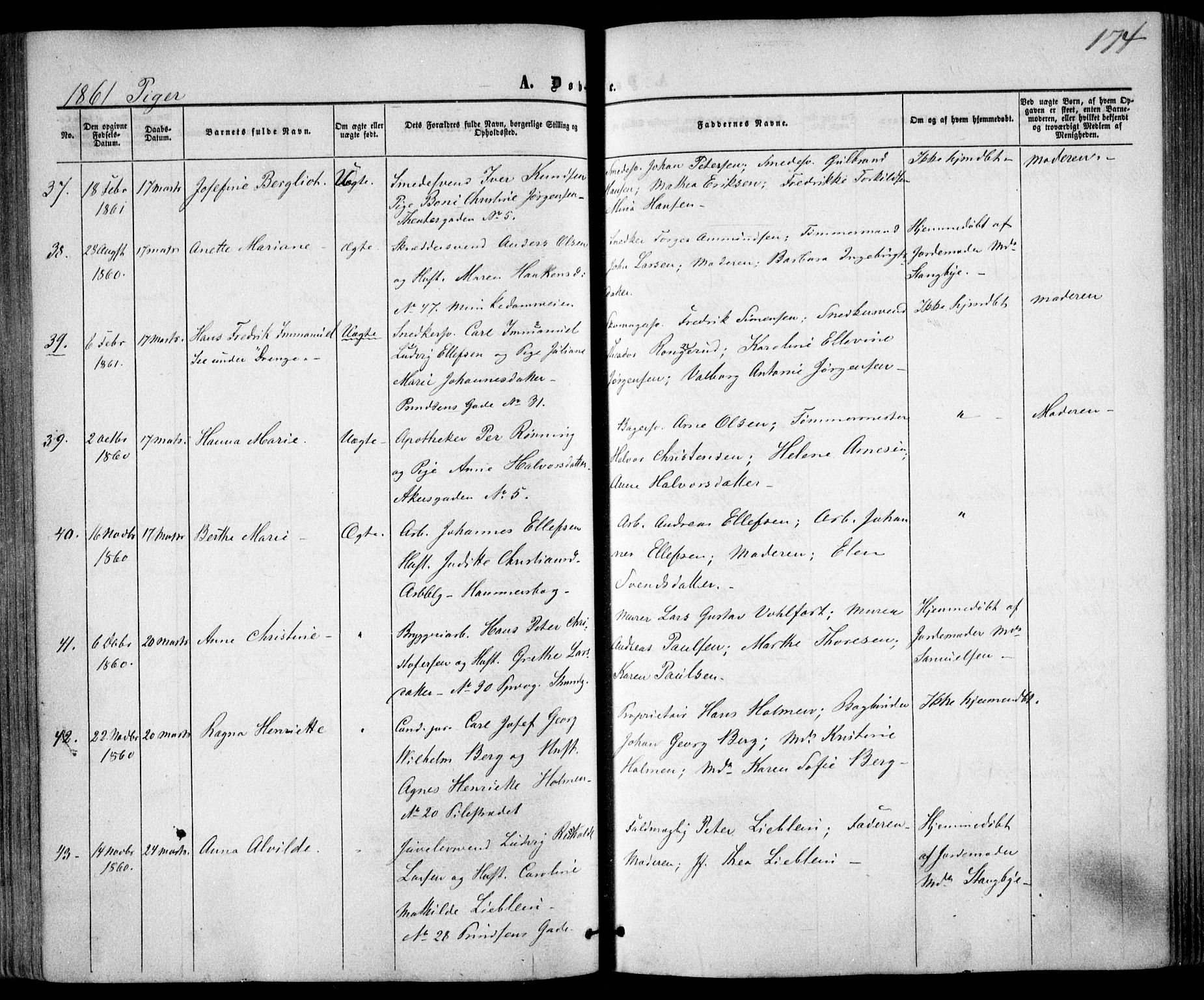 Trefoldighet prestekontor Kirkebøker, SAO/A-10882/F/Fa/L0001: Parish register (official) no. I 1, 1858-1863, p. 174