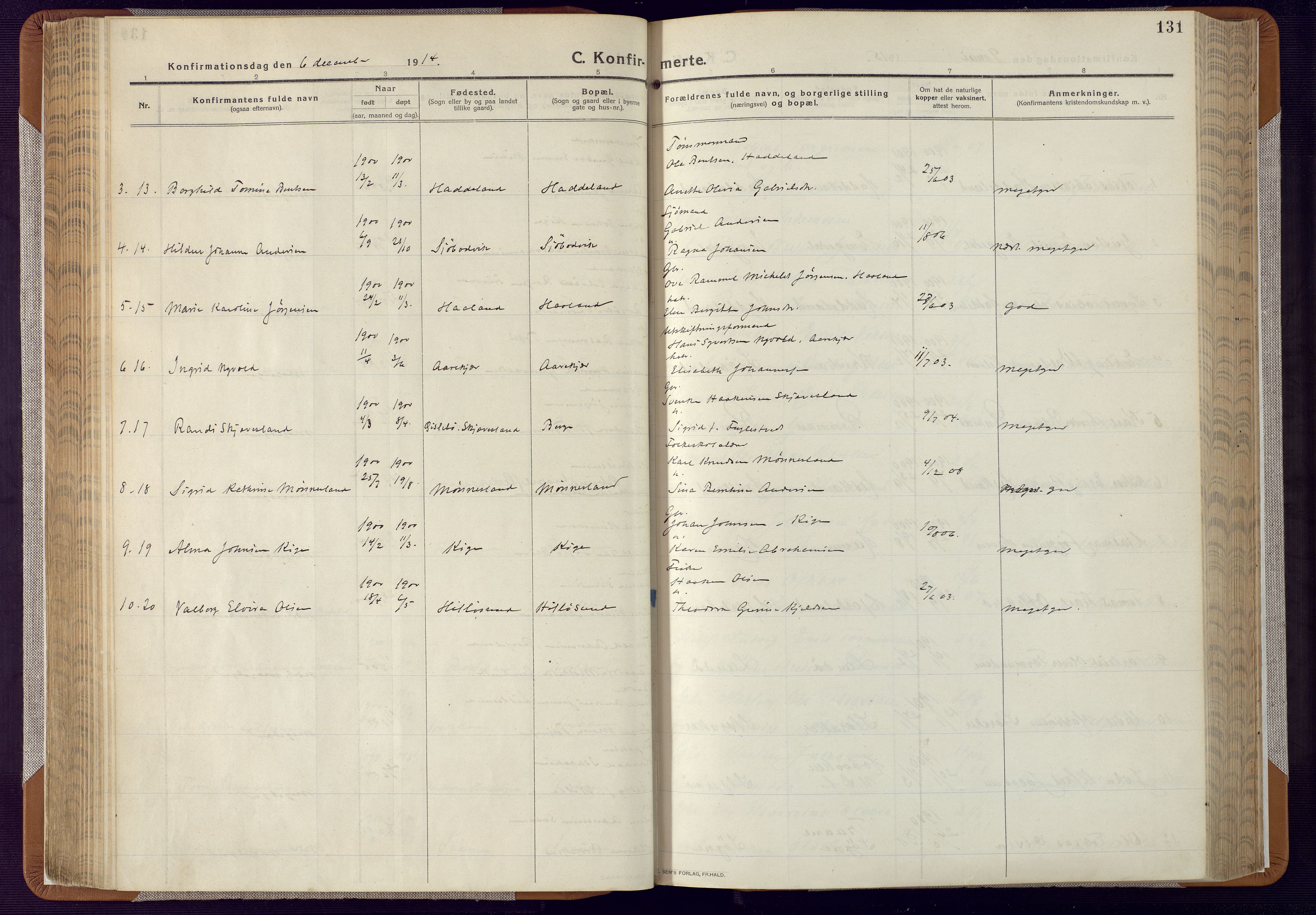 Mandal sokneprestkontor, AV/SAK-1111-0030/F/Fa/Faa/L0022: Parish register (official) no. A 22, 1913-1925, p. 131