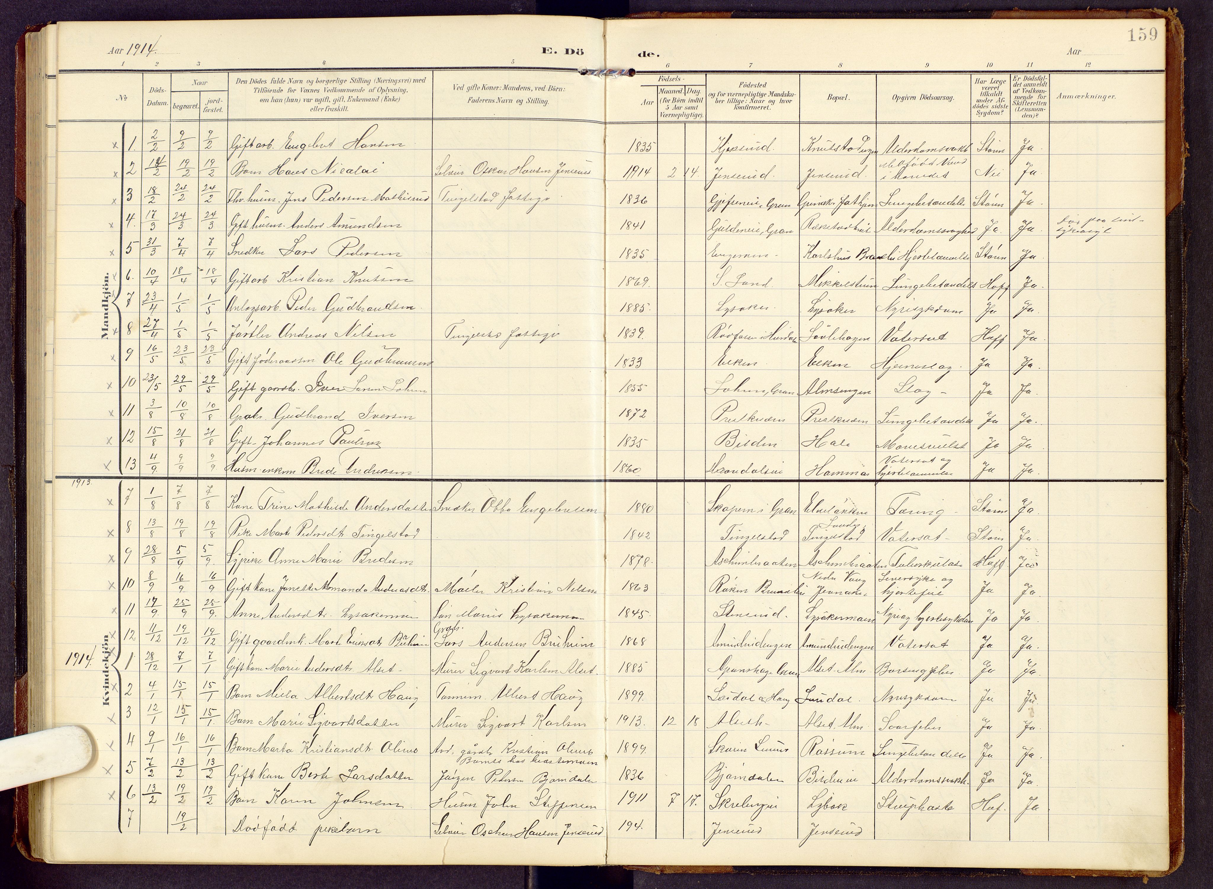 Brandbu prestekontor, SAH/PREST-114/H/Ha/Hab/L0009: Parish register (copy) no. 9, 1903-1916, p. 159