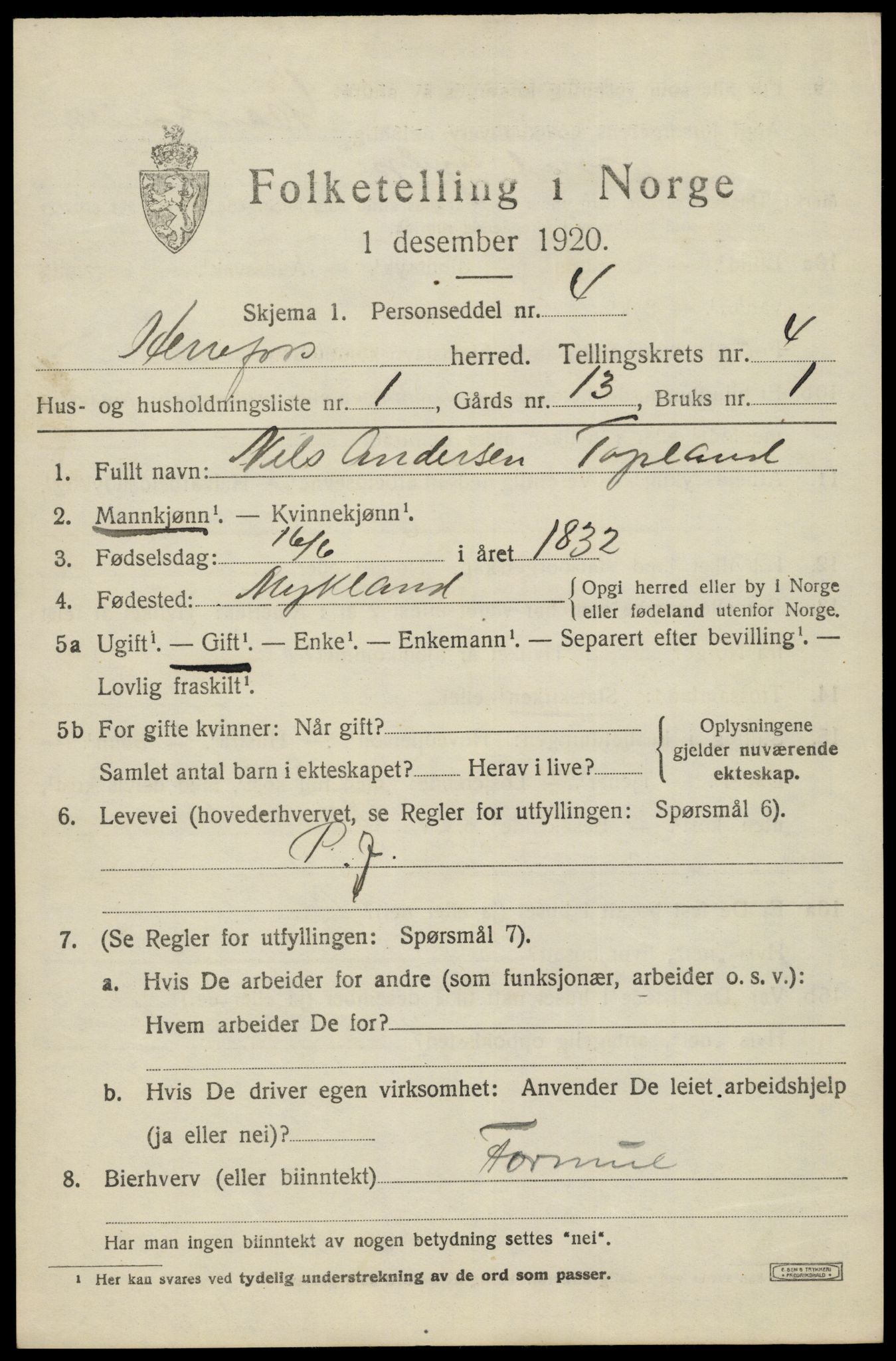 SAK, 1920 census for Herefoss, 1920, p. 784