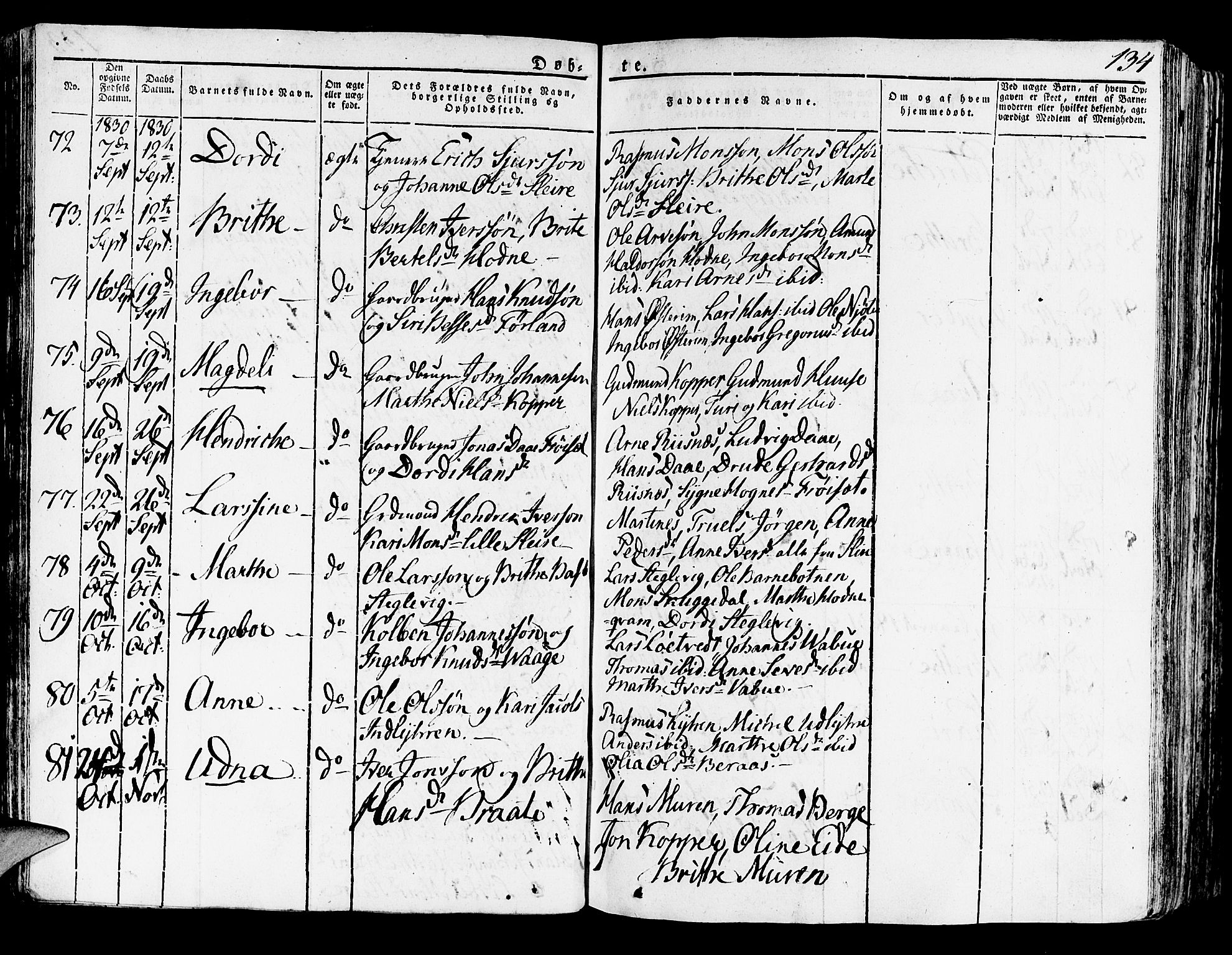 Lindås Sokneprestembete, AV/SAB-A-76701/H/Haa/Haaa/L0008: Parish register (official) no. A 8, 1823-1836, p. 134