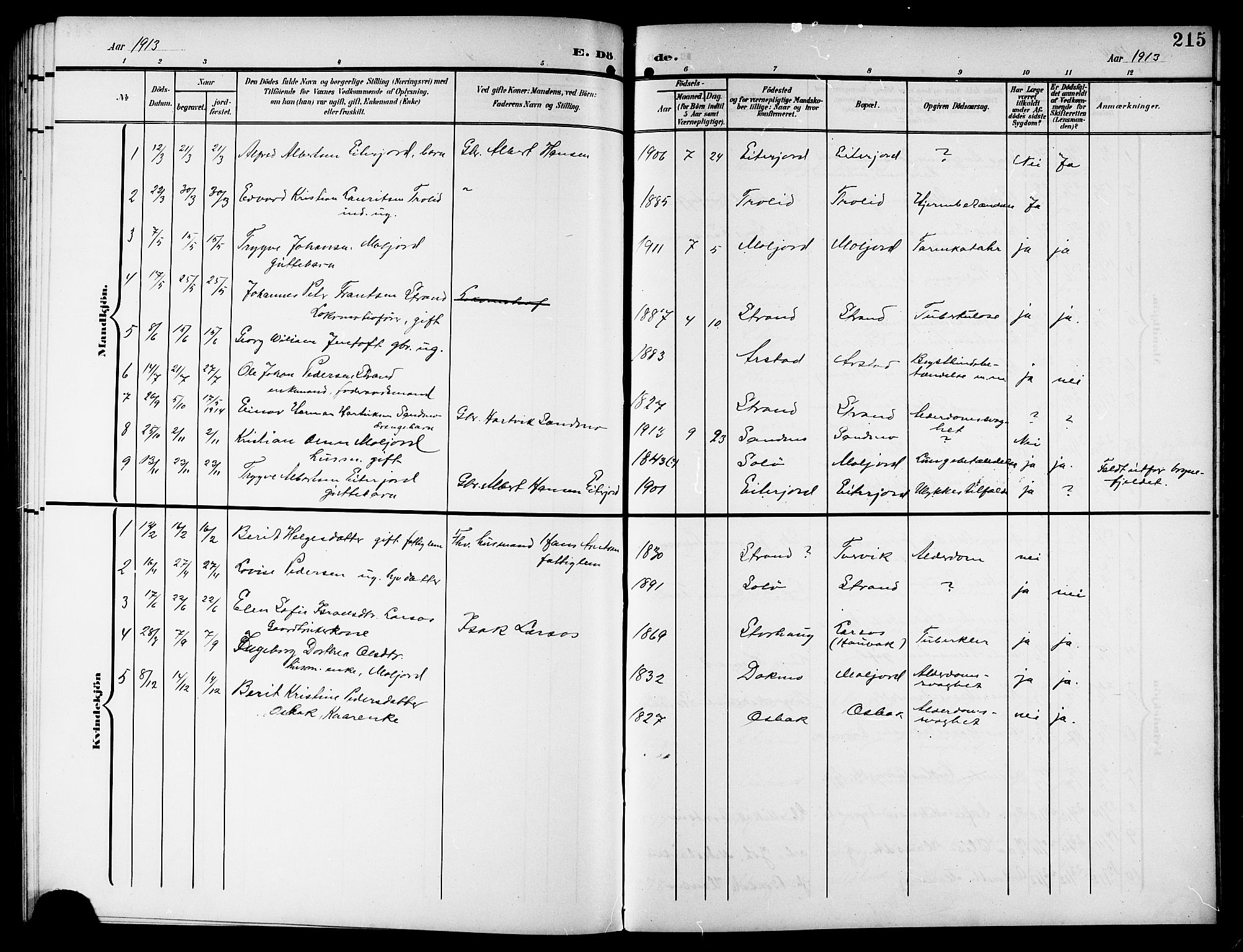 Ministerialprotokoller, klokkerbøker og fødselsregistre - Nordland, SAT/A-1459/846/L0655: Parish register (copy) no. 846C05, 1902-1916, p. 215