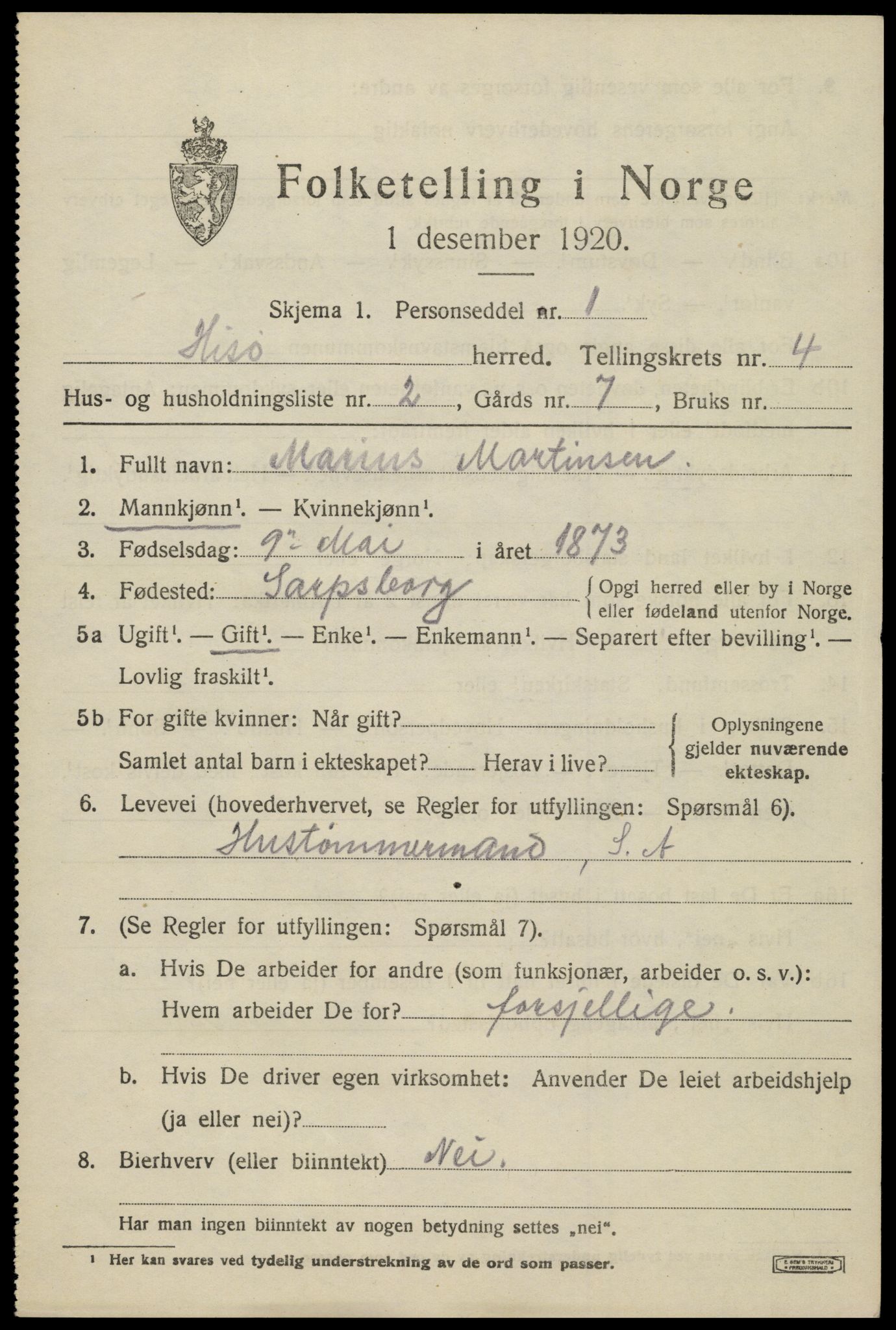 SAK, 1920 census for Hisøy, 1920, p. 5330