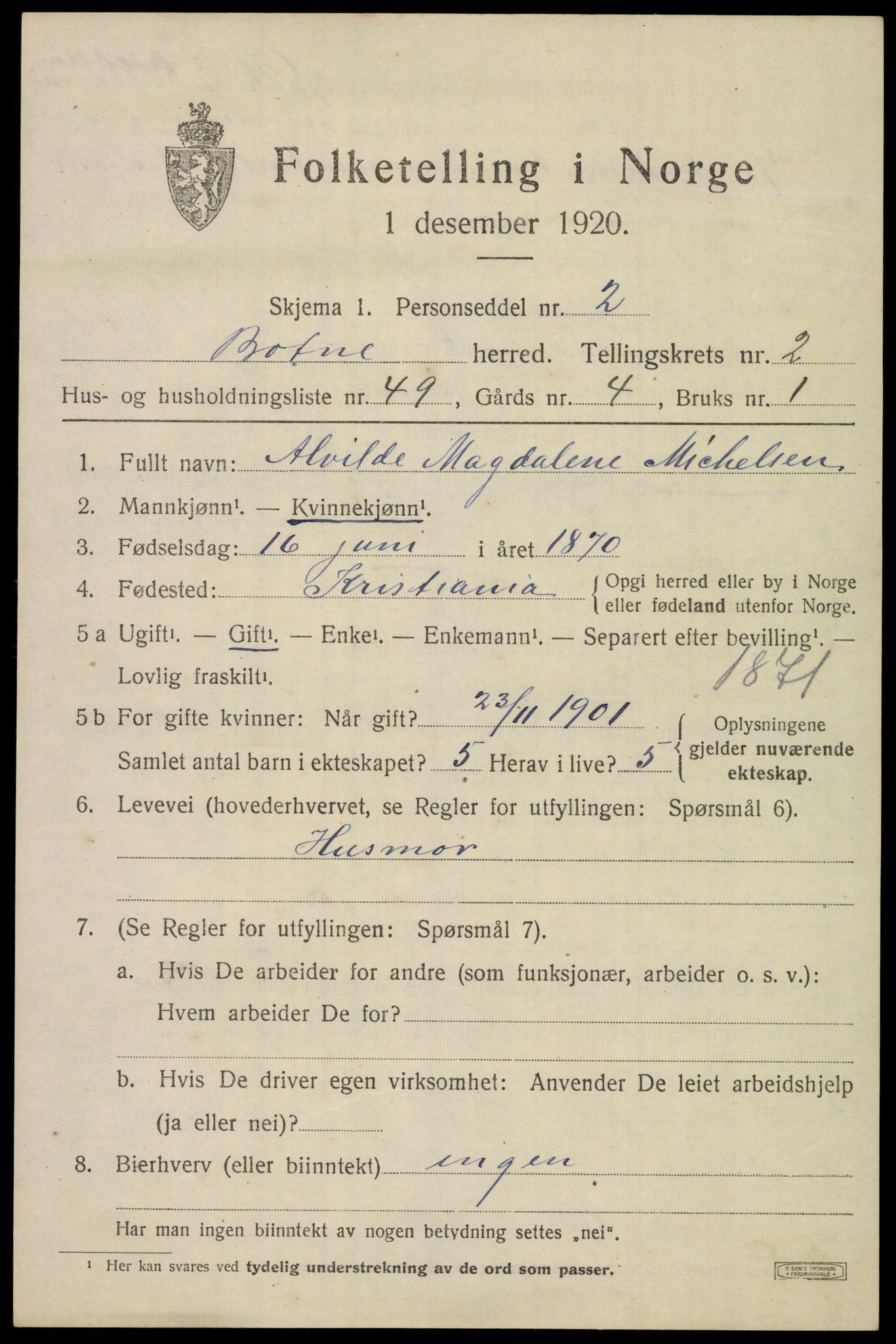 SAKO, 1920 census for Botne, 1920, p. 2911