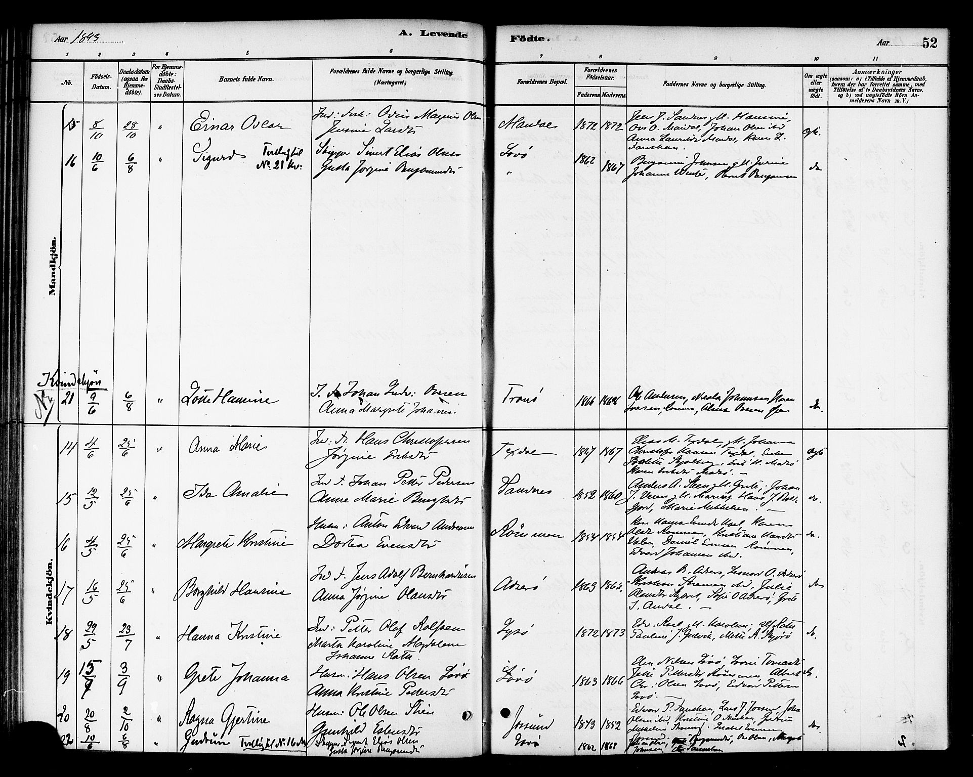 Ministerialprotokoller, klokkerbøker og fødselsregistre - Sør-Trøndelag, AV/SAT-A-1456/654/L0663: Parish register (official) no. 654A01, 1880-1894, p. 52