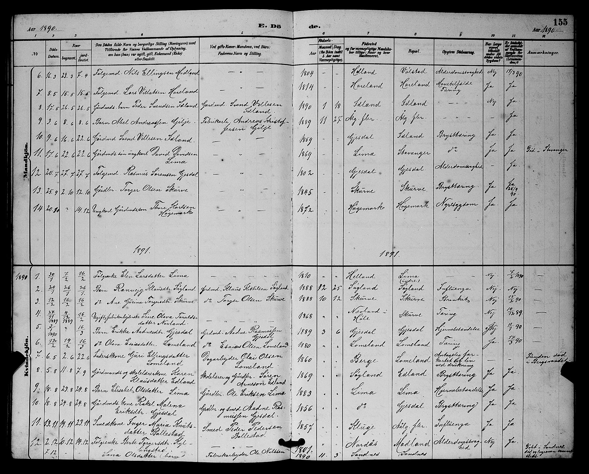 Lye sokneprestkontor, AV/SAST-A-101794/001/30BB/L0008: Parish register (copy) no. B 7, 1887-1901, p. 155