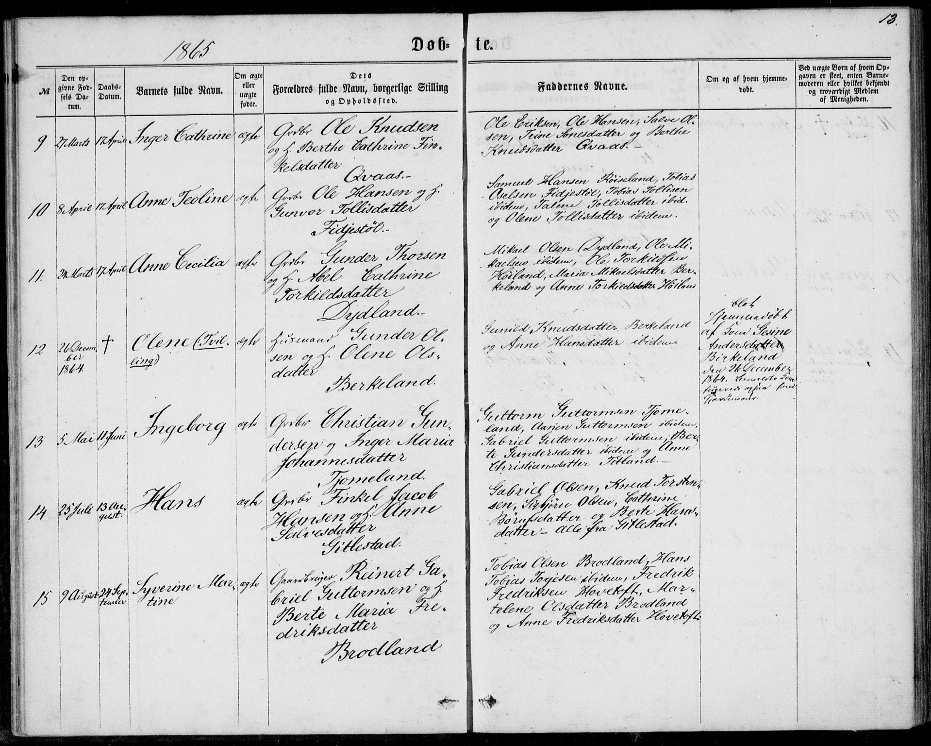 Lyngdal sokneprestkontor, AV/SAK-1111-0029/F/Fa/Fab/L0002: Parish register (official) no. A 2, 1861-1878, p. 13