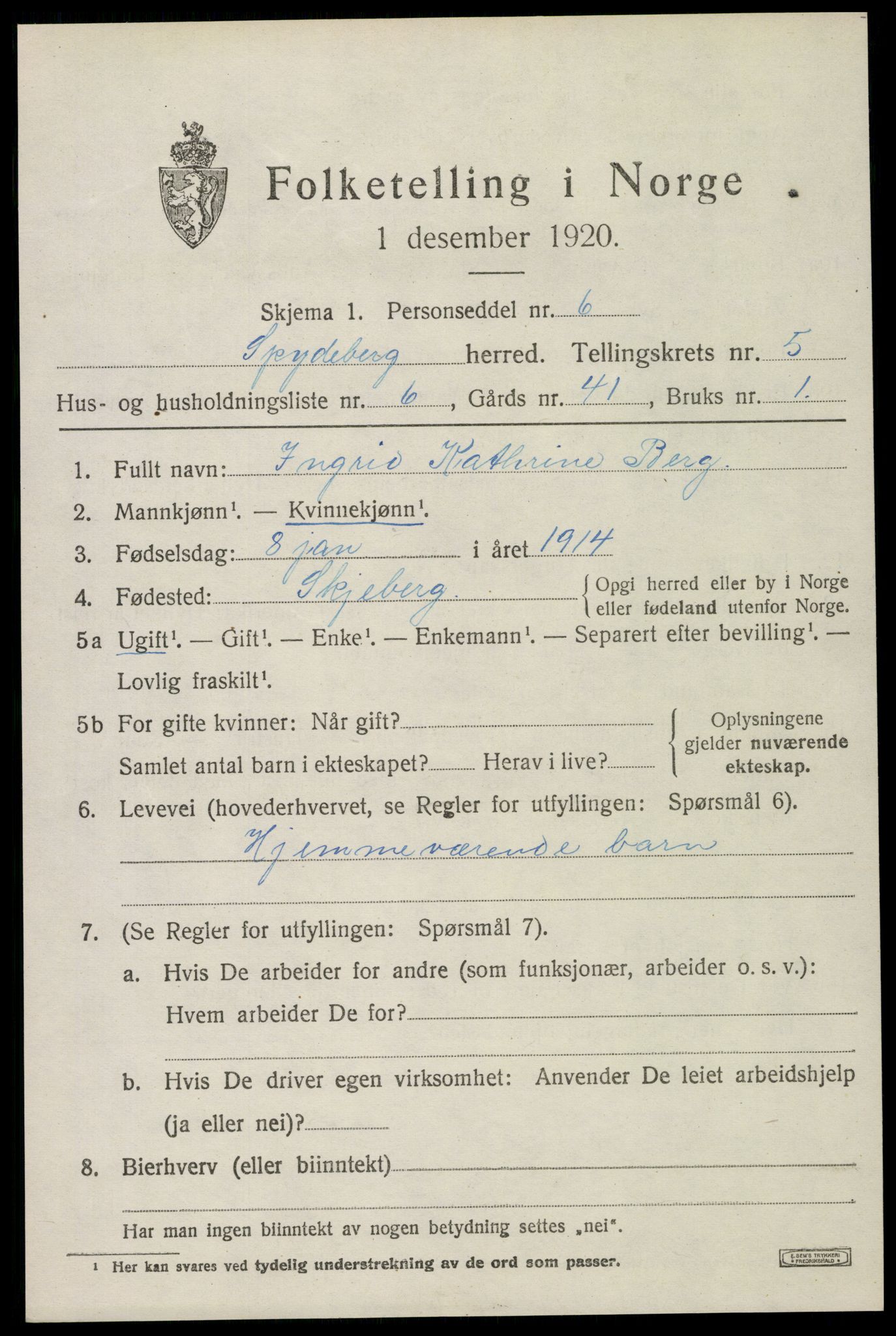 SAO, 1920 census for Spydeberg, 1920, p. 6203