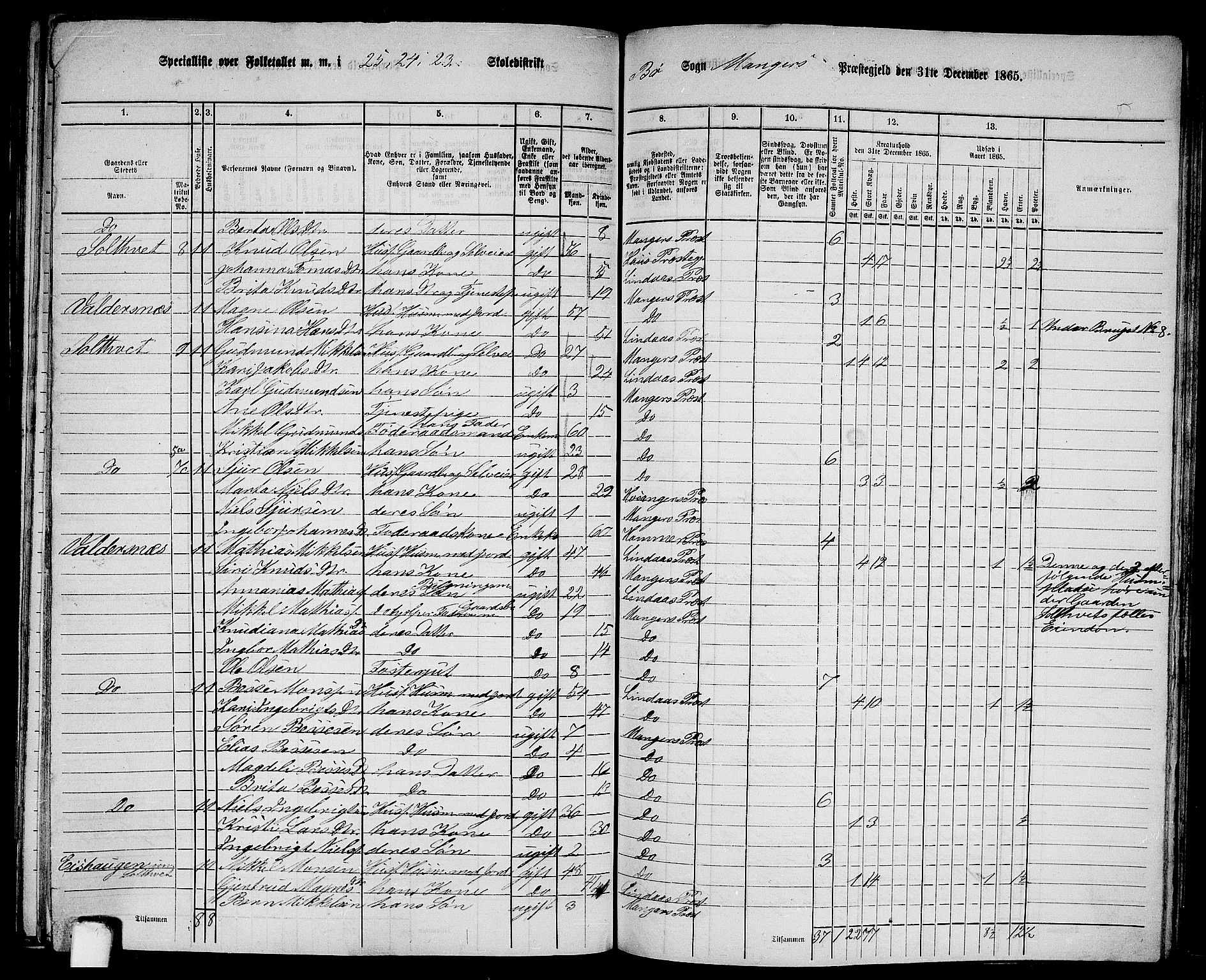 RA, 1865 census for Manger, 1865, p. 250