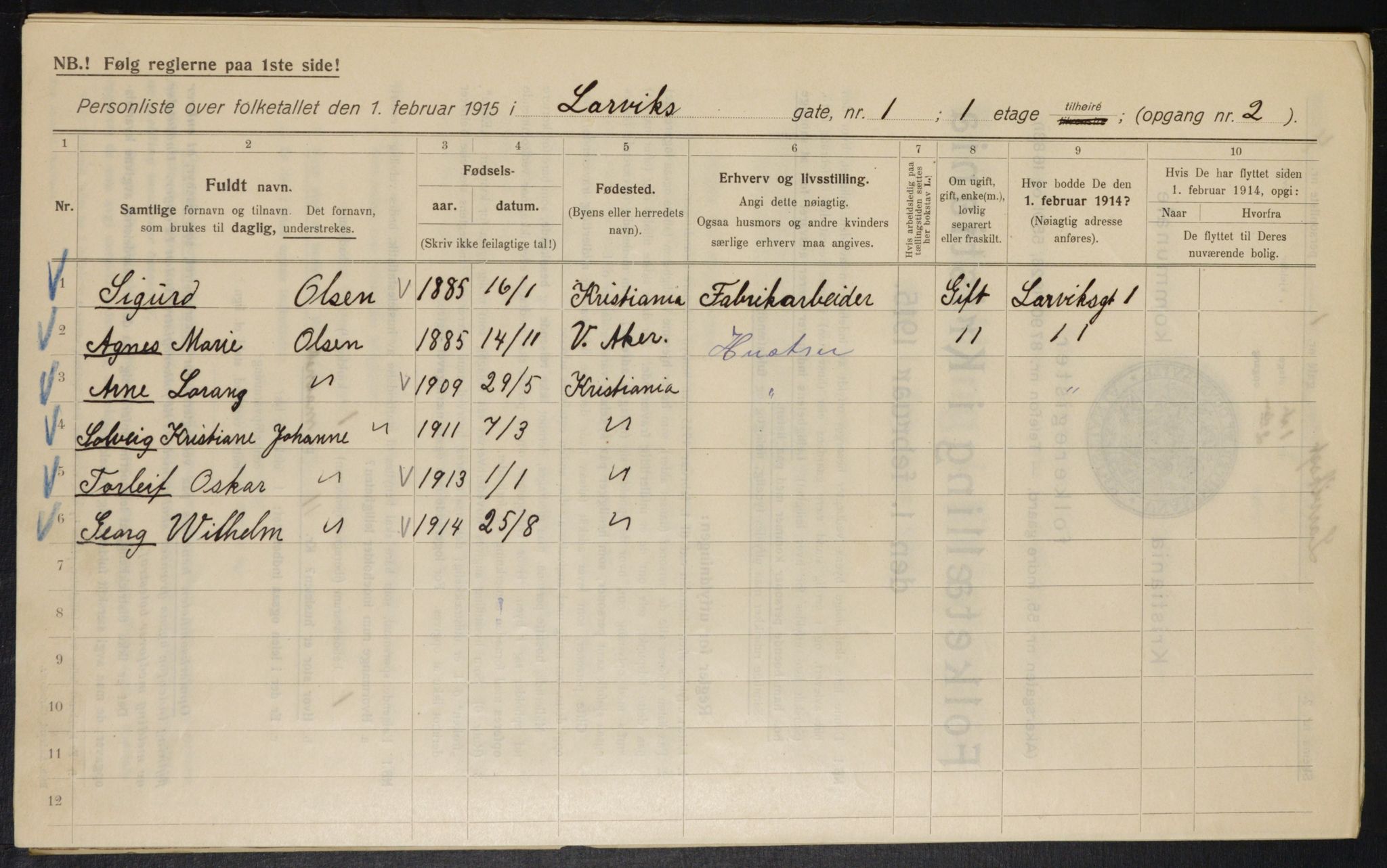 OBA, Municipal Census 1915 for Kristiania, 1915, p. 56582