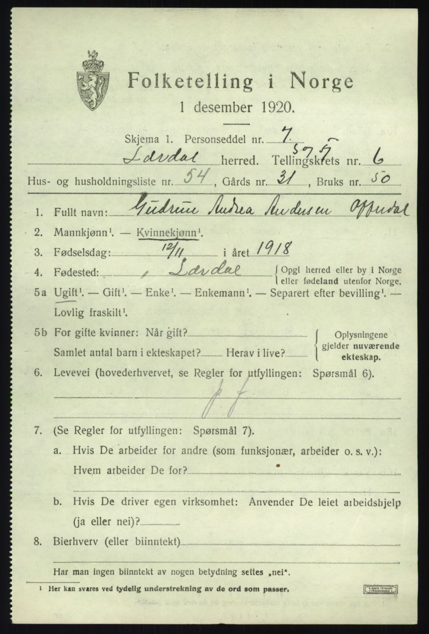 SAB, 1920 census for Lærdal, 1920, p. 3168