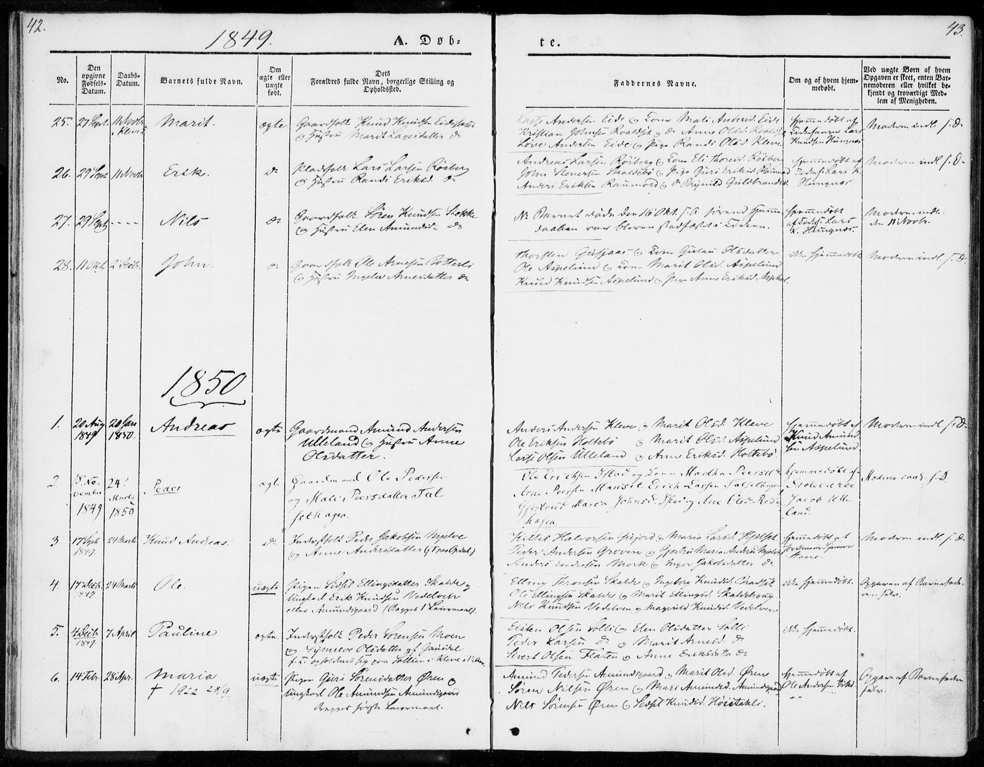 Ministerialprotokoller, klokkerbøker og fødselsregistre - Møre og Romsdal, SAT/A-1454/557/L0680: Parish register (official) no. 557A02, 1843-1869, p. 42-43